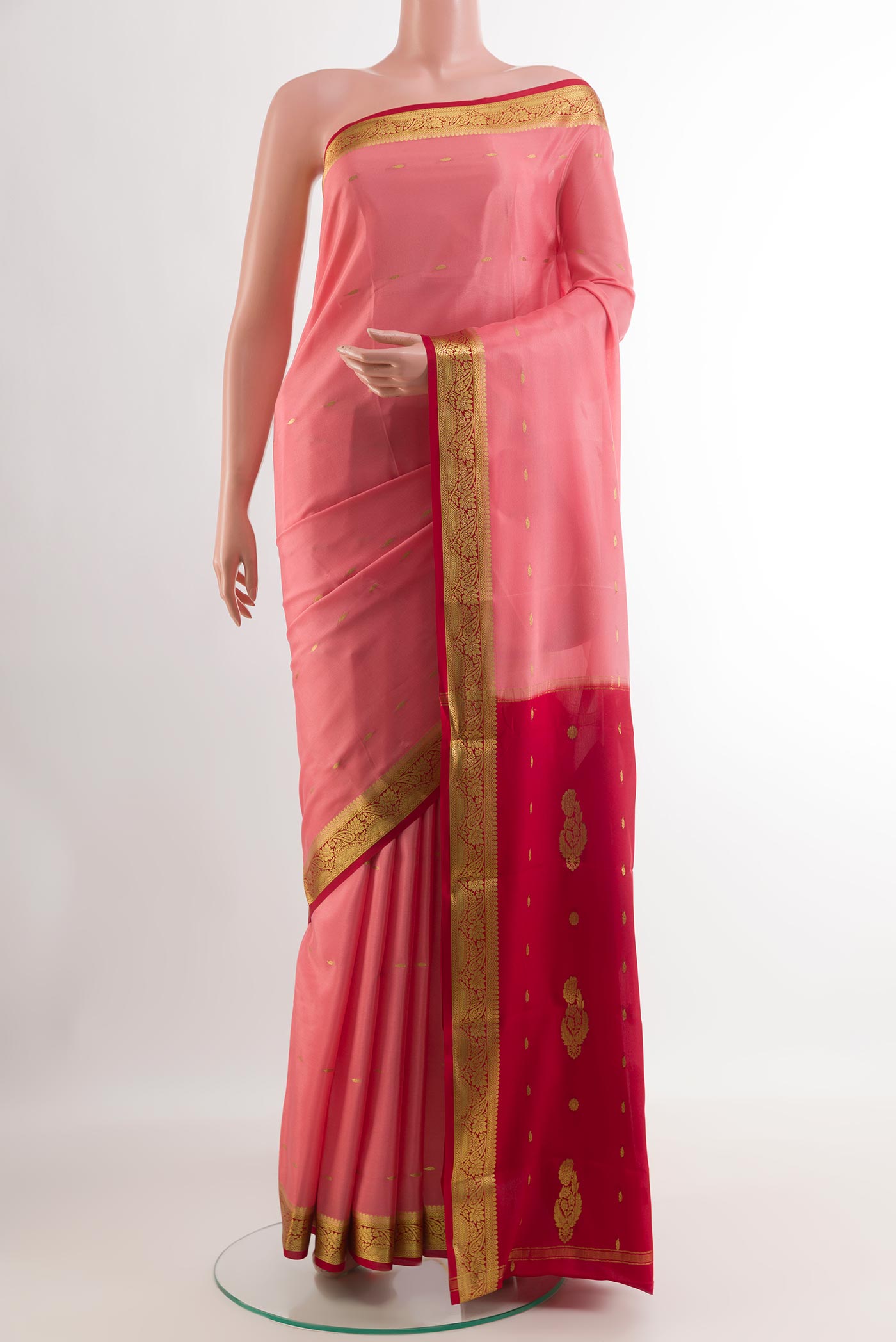 Pink Mysore Silk Saree with Zari Butta on the body and Zari Border.  displayed on a mannequin
