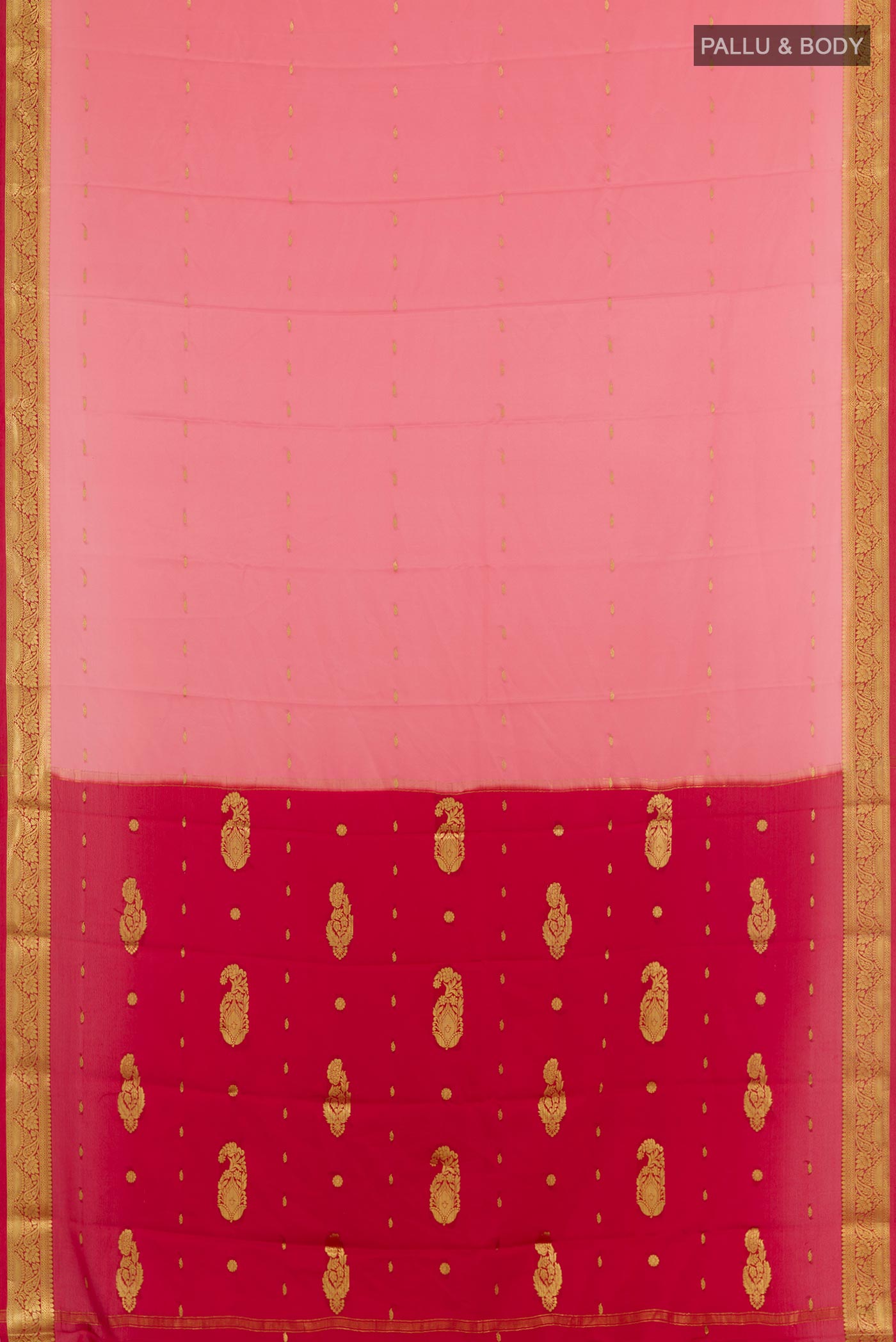 Flat view of Pink Mysore Silk Saree with Zari Butta on the body and Zari Border. 