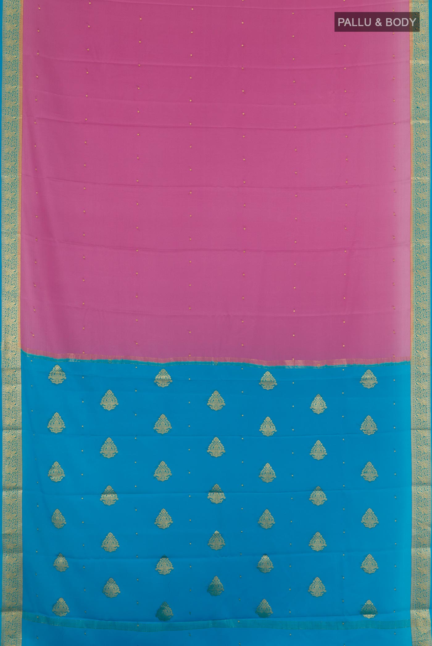 Flat view of Pink Mysore Silk Saree with Zari Butta on the body and Zari Border. 