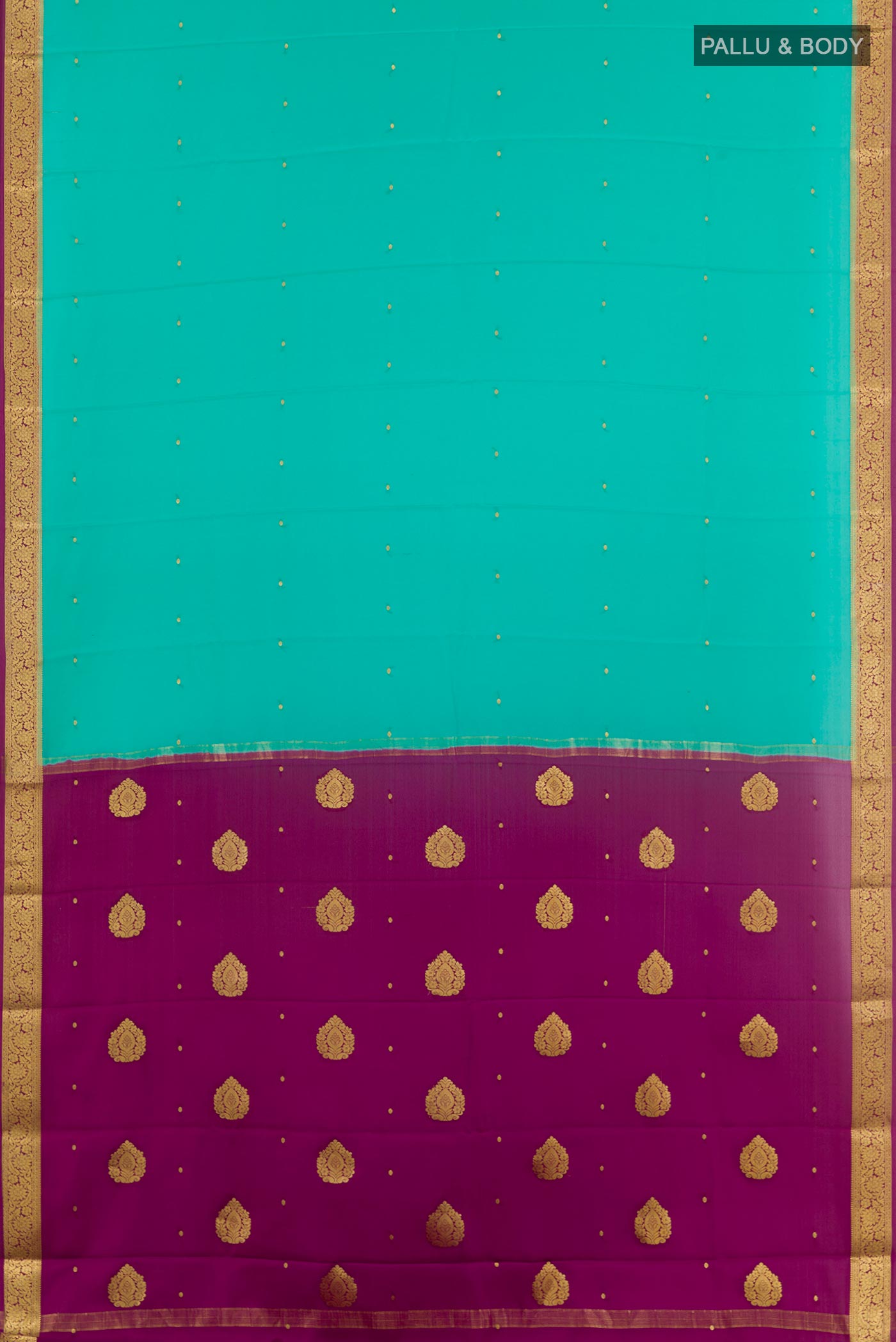 Flat view of Sea Green Mysore Silk Saree with Zari Butta on the body and Zari Border. 