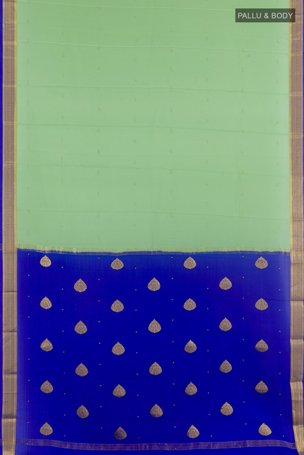 Flat view of Green Mysore Silk Saree with Zari Butta on the body and Zari Border. 