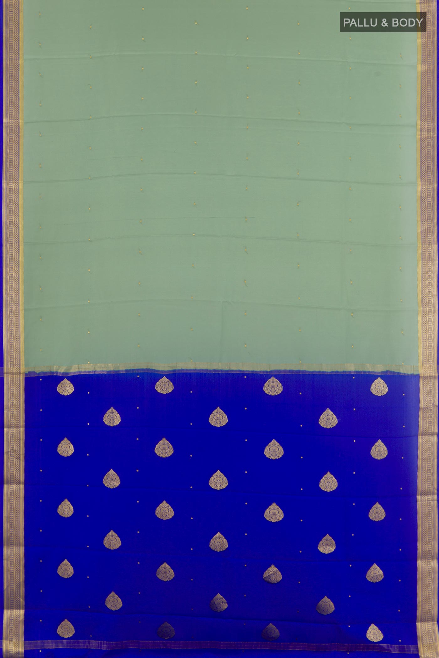 Flat view of Sage Green Mysore Silk Saree with Zari Butta on the body and Zari Border. 