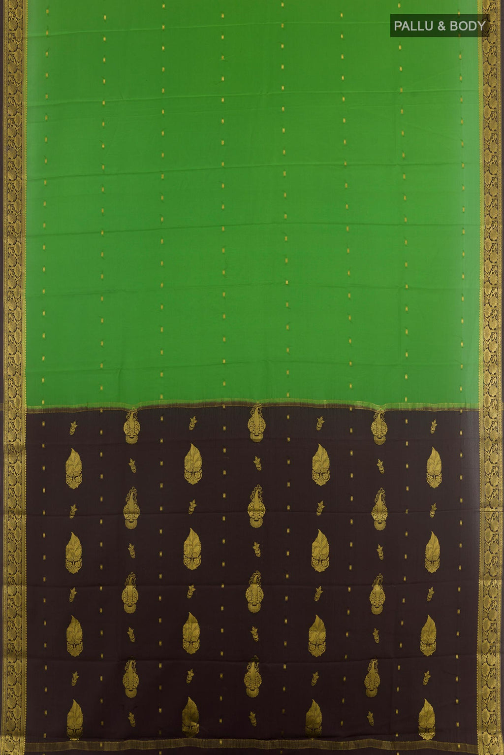 Flat view of Green Mysore Silk Saree with Zari Butta on the body and Zari Border. 