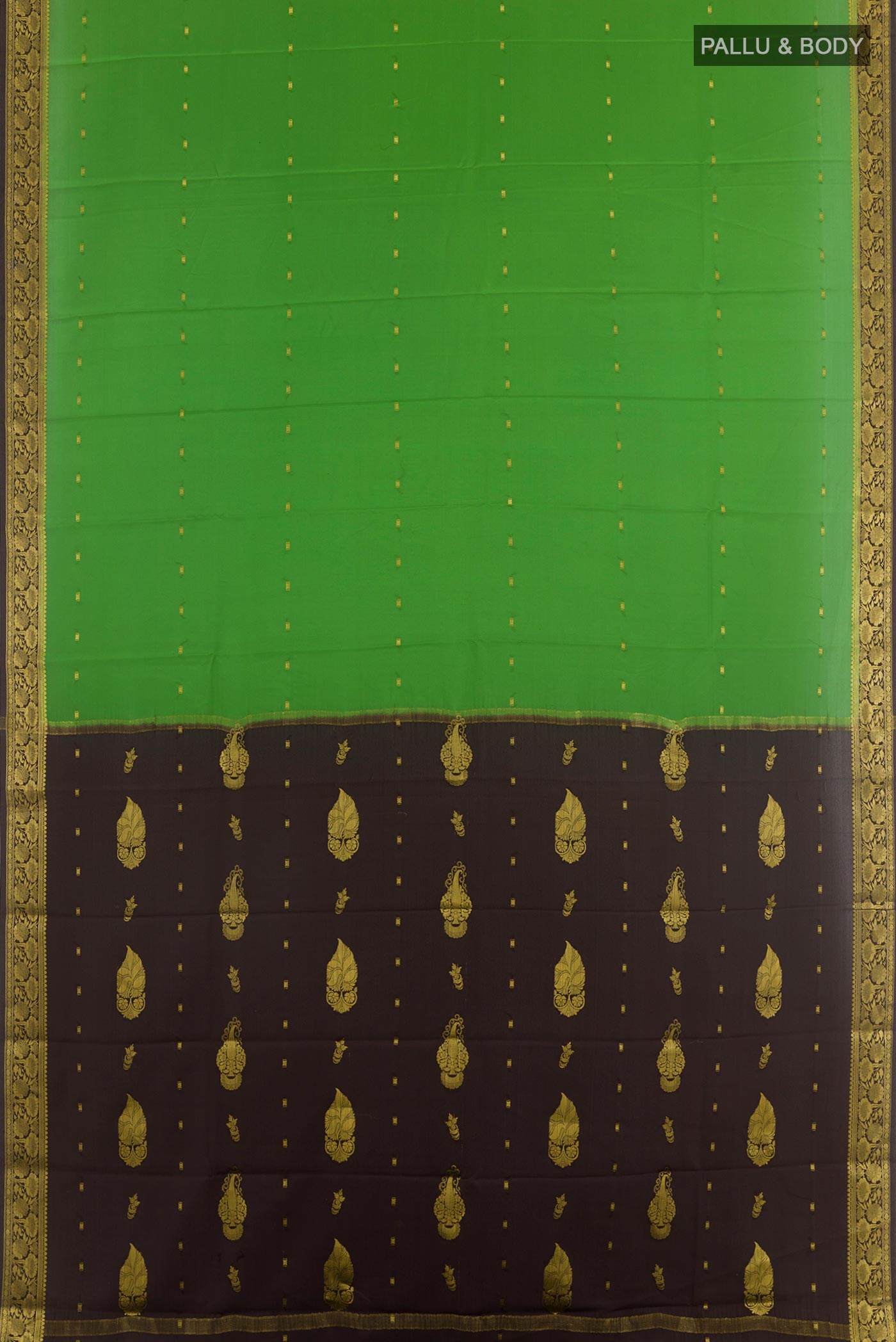 Flat view of Green Mysore Silk Saree with Zari Butta on the body and Zari Border. 