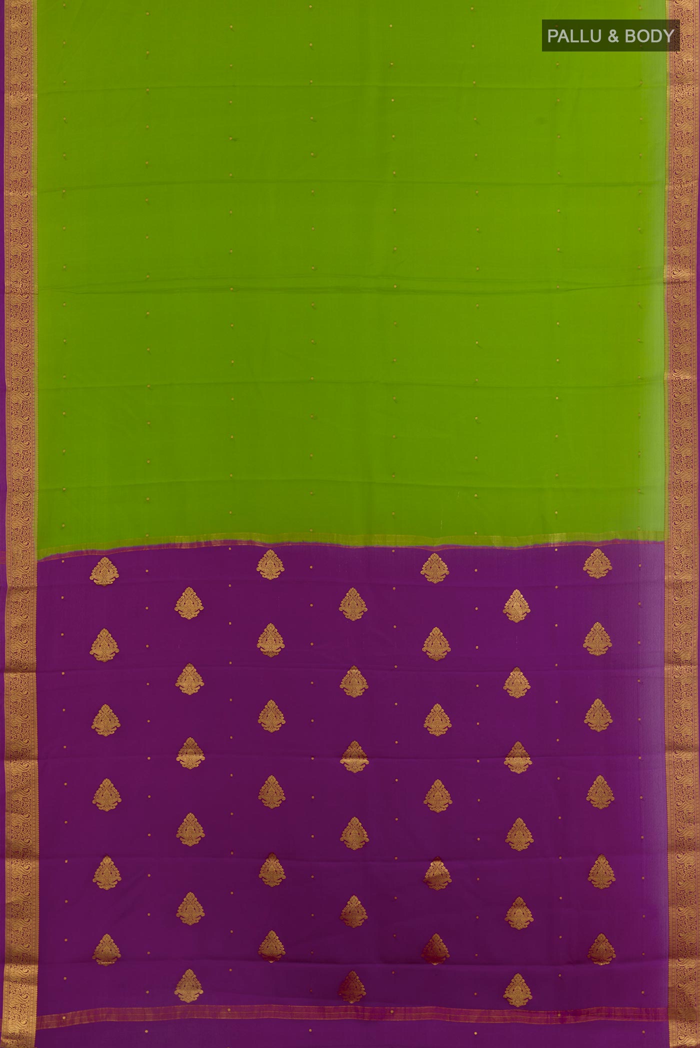 Flat view of Green Mysore Crepe Saree with Zari Butta on the body and Zari Border. 
