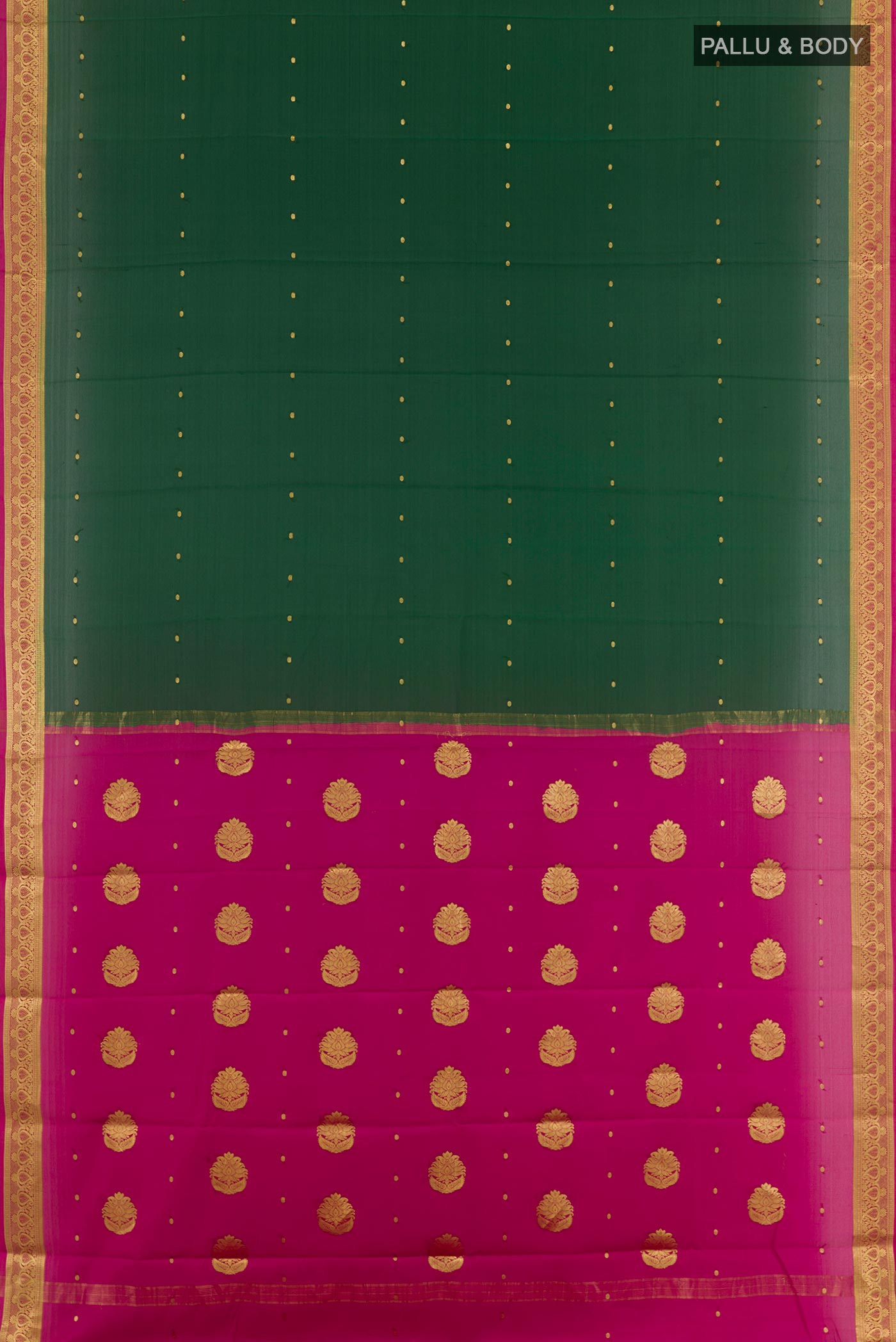 Flat view of Green Mysore Silk Saree with Zari Butta on the body and Zari Border. 