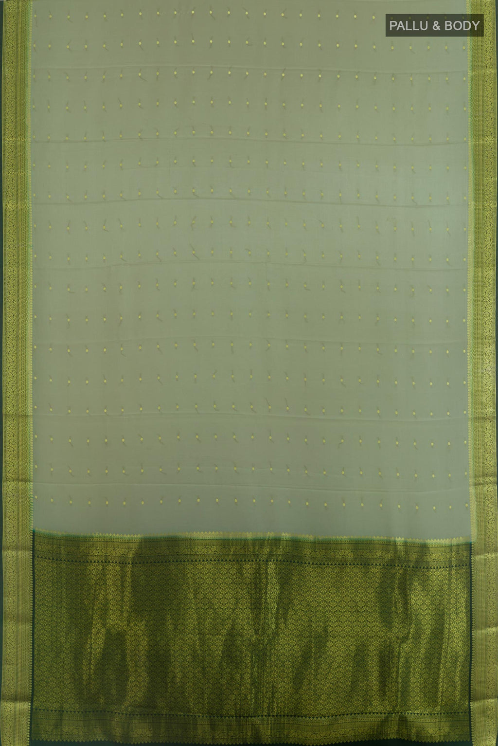 Flat view of Sage Green Mysore Crepe Saree with Zari Butta on the body and Zari Border. 