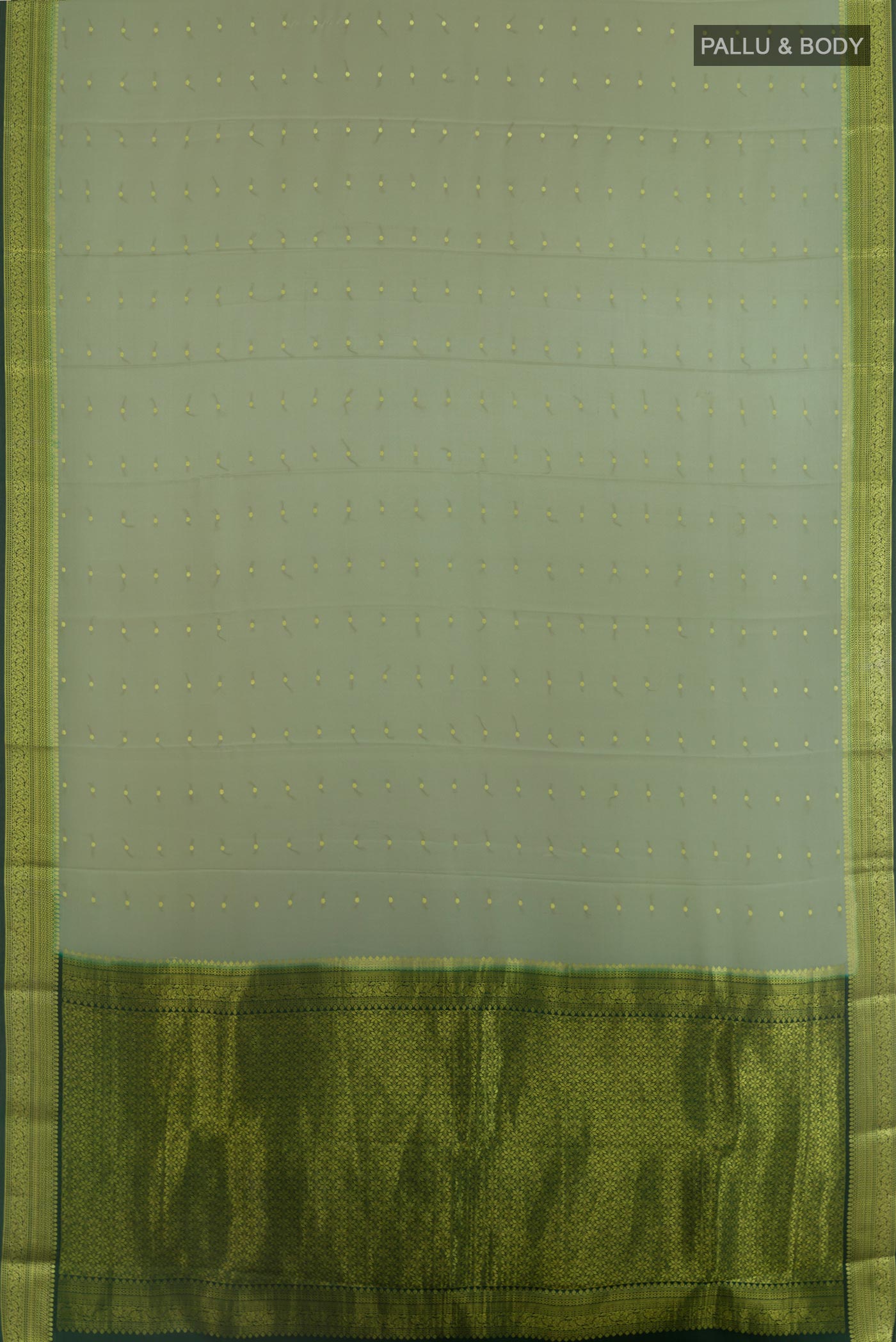 Flat view of Sage Green Mysore Crepe Saree with Zari Butta on the body and Zari Border. 