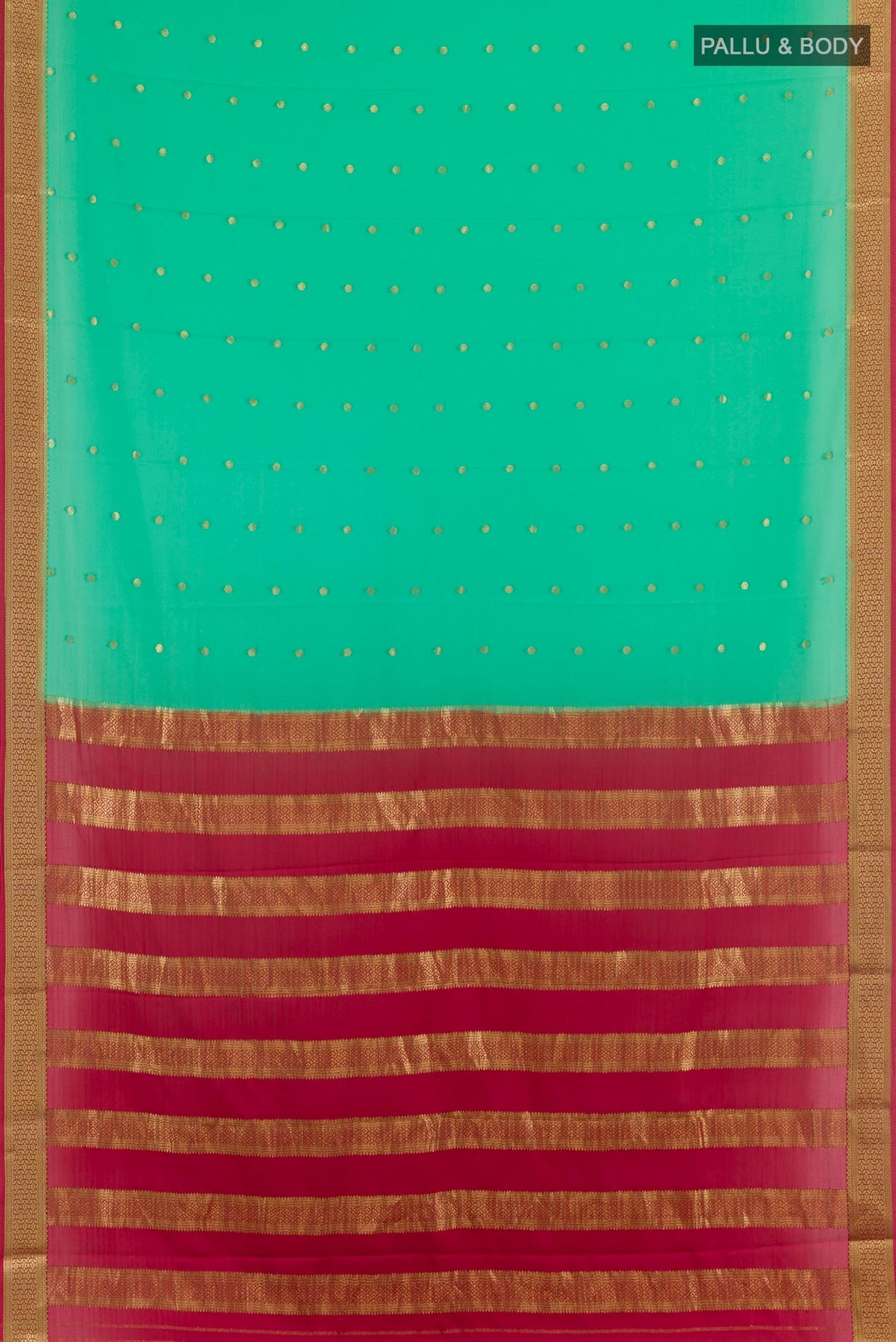 Flat view of Green Mysore Silk Saree with Zari Butta on the body and Zari Border. 