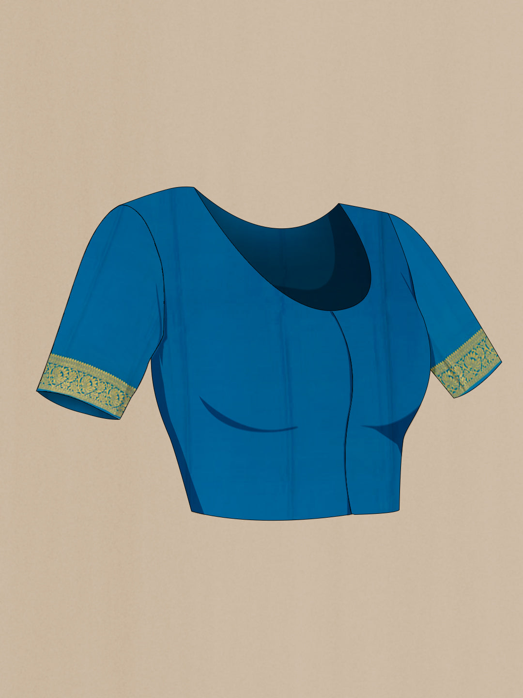 Close up image of the blouse of Navy Blue Mysore Chiffon Saree with Zari Butta on the body and Zari Border. 