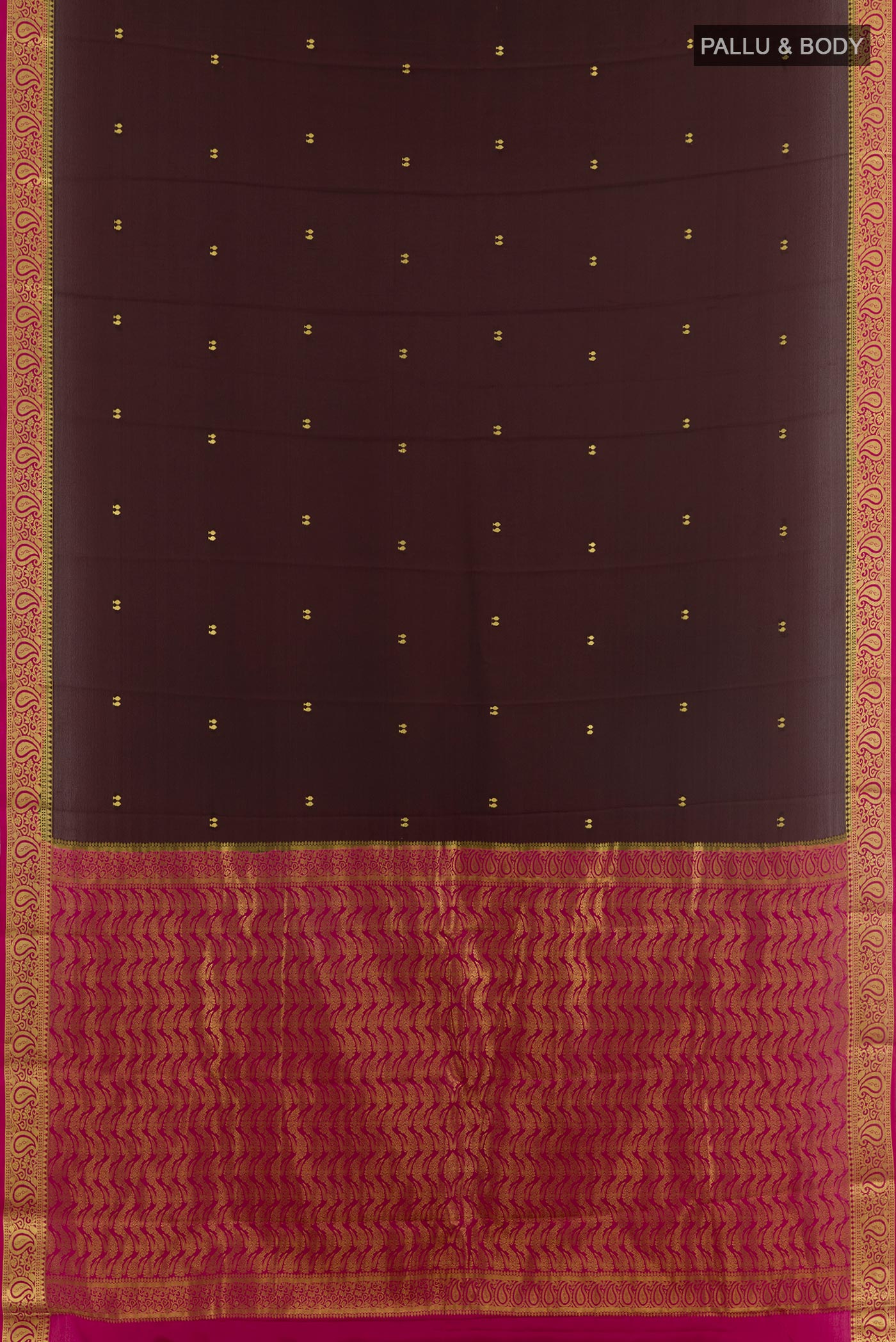 Flat view of Brown Mysore Silk Saree with Zari Butta on the body and Zari Border. 