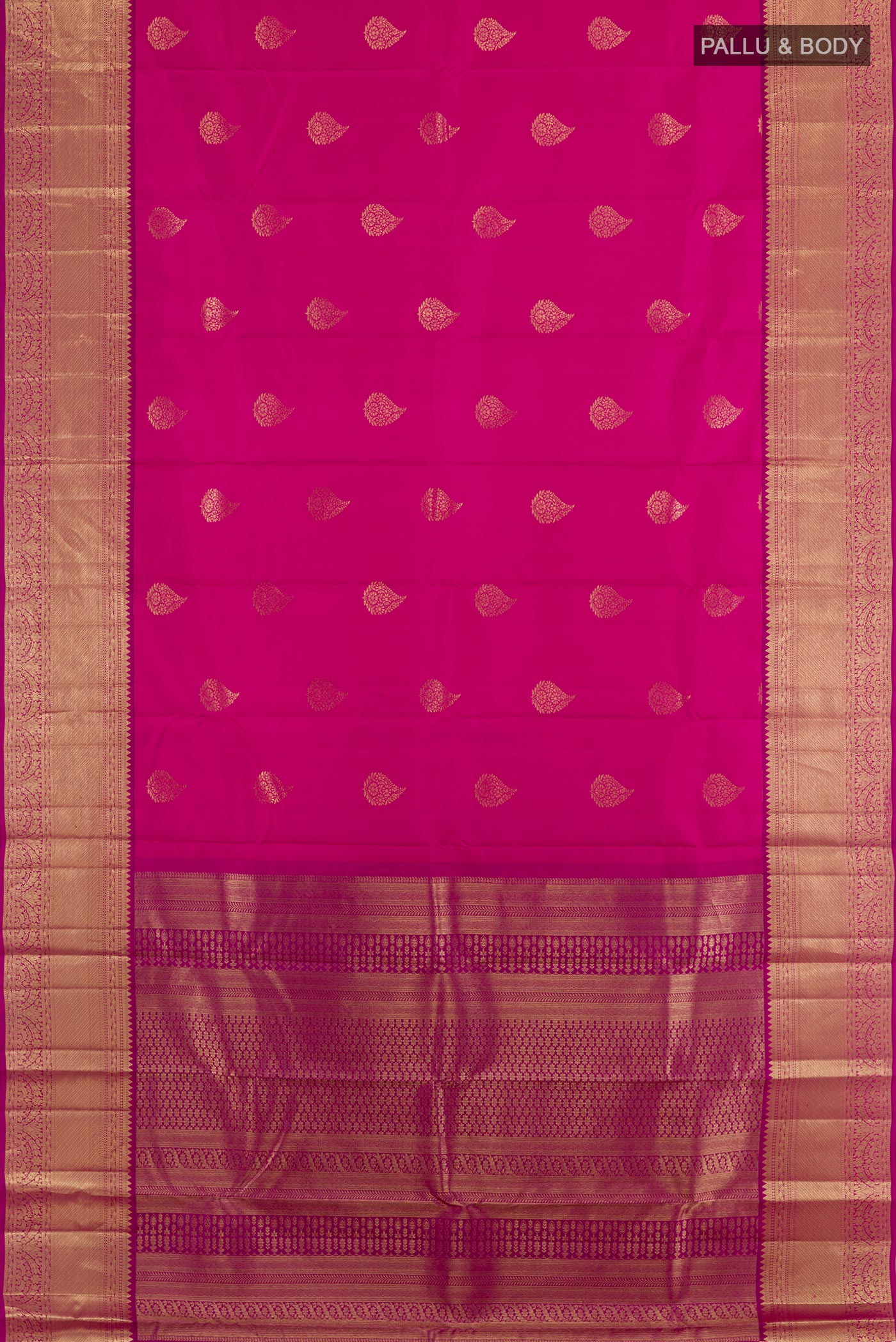 Flat view of Rani Pink Kanchipuram Silk Saree with Zari Butta on the body and Zari Border. 