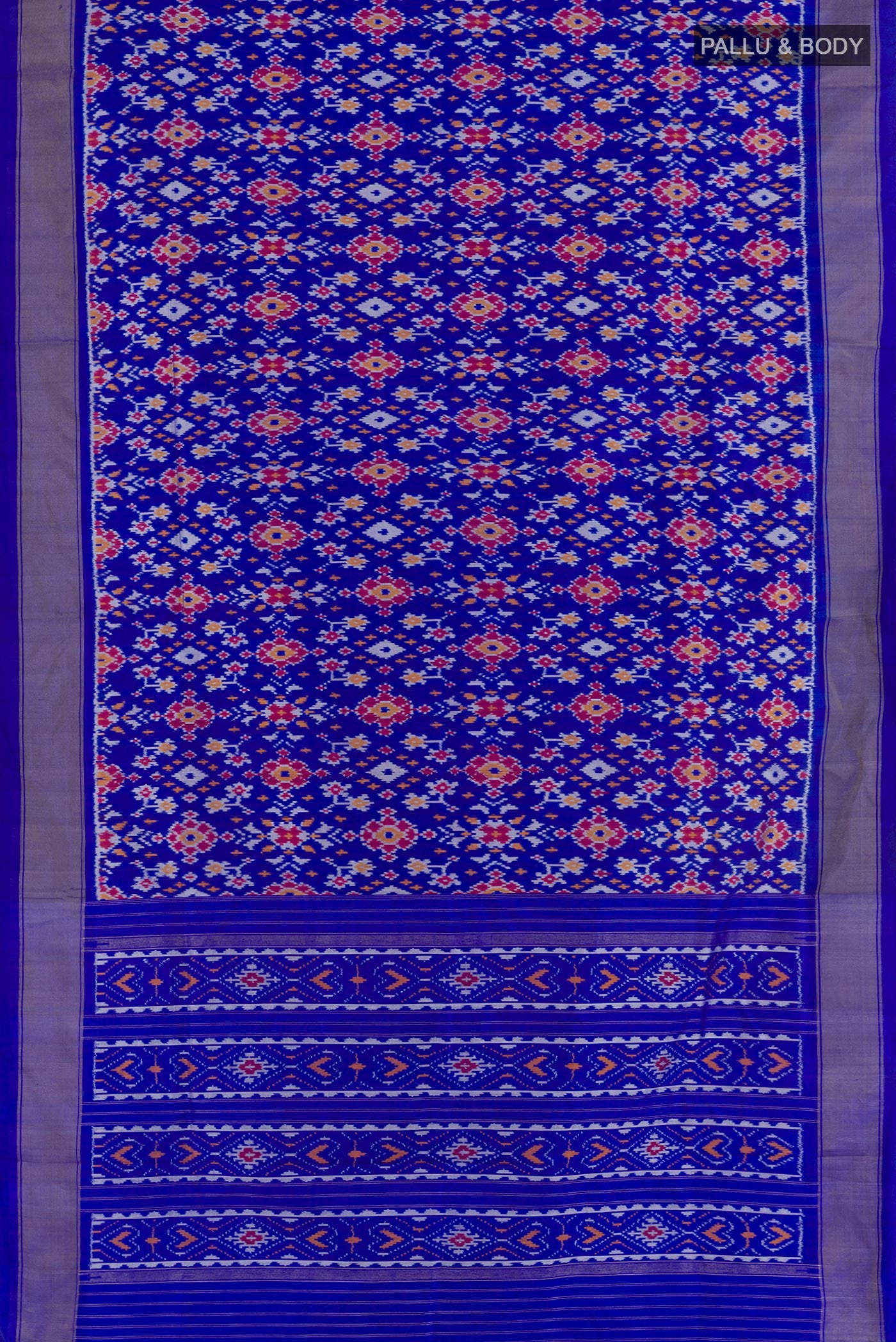 Flat view of Blue Pochampally Silk Saree with Ikat design on the body and Zari Border. 