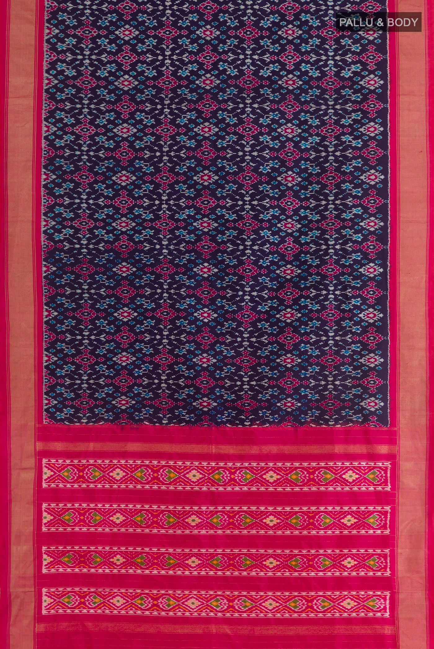 Flat view of Blue Pochampally Silk Saree with Pure Ikat on the body and Zari Border. 