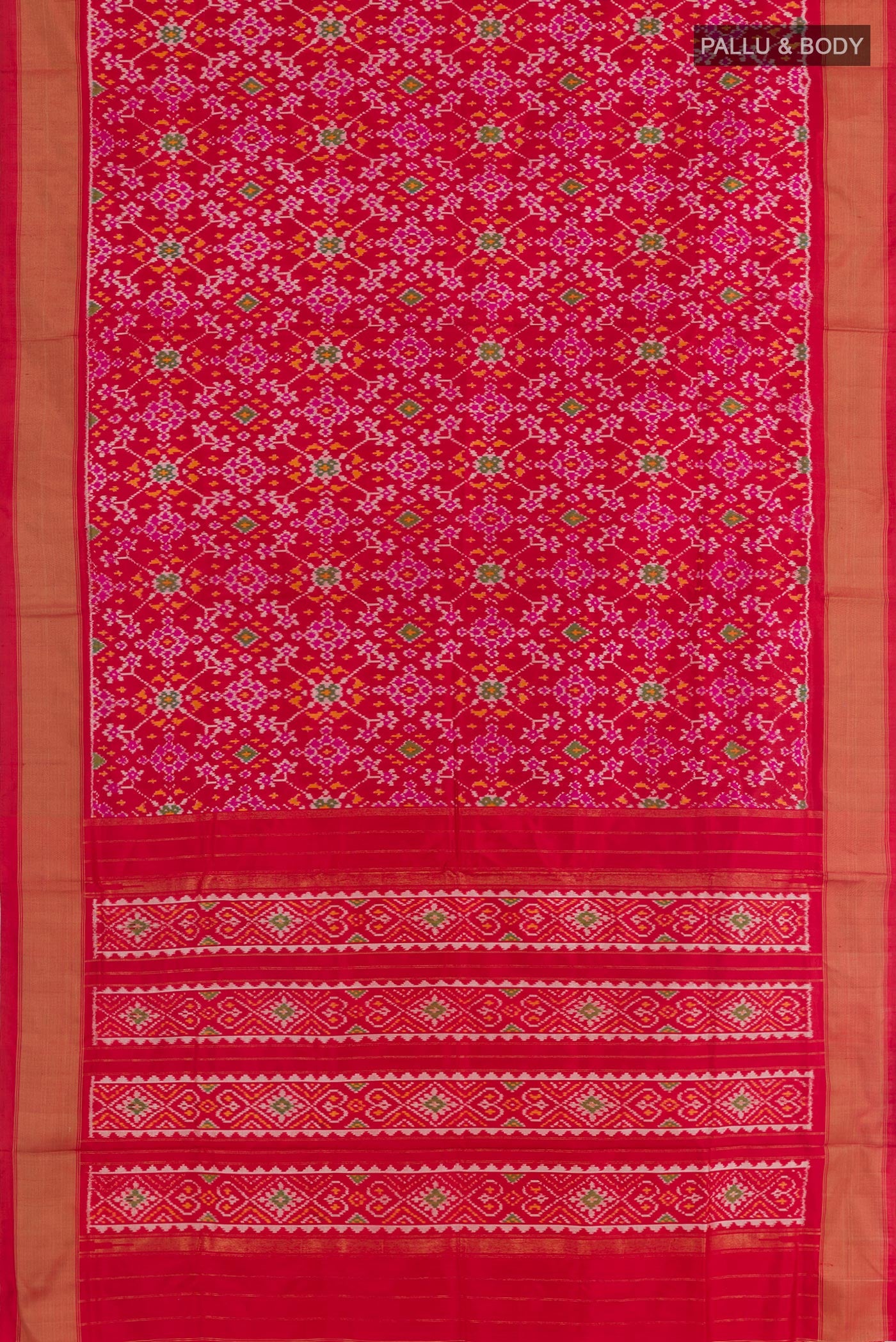 Flat view of Red Pochampally Silk Saree with Pure Ikat on the body and Zari Border. 