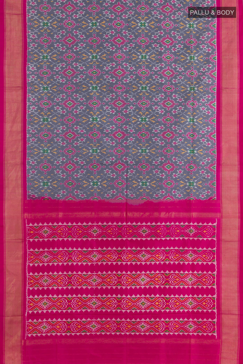 Flat view of Grey Pochampally Silk Saree with Pure Ikat on the body and Zari Border. 