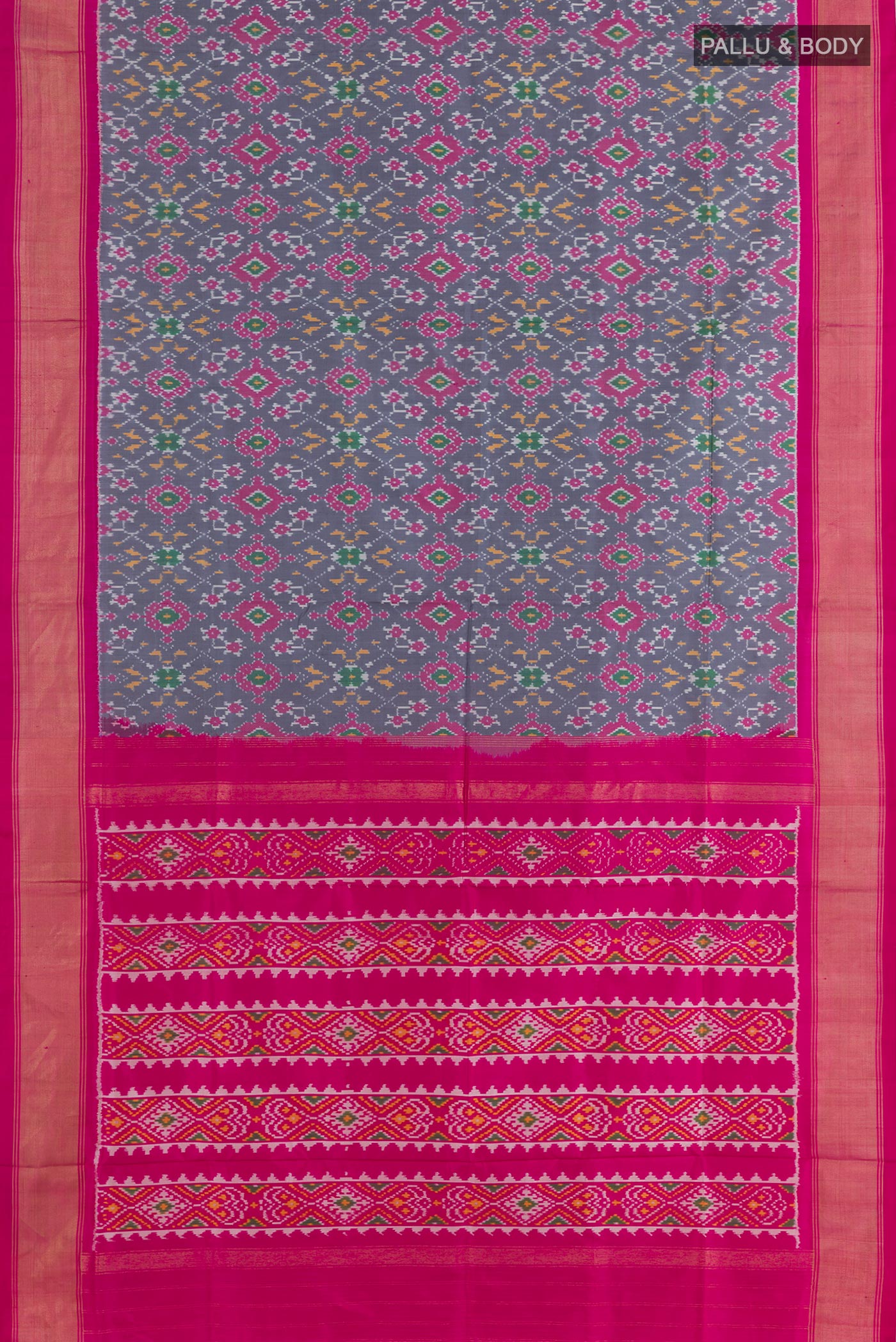 Flat view of Grey Pochampally Silk Saree with Pure Ikat on the body and Zari Border. 