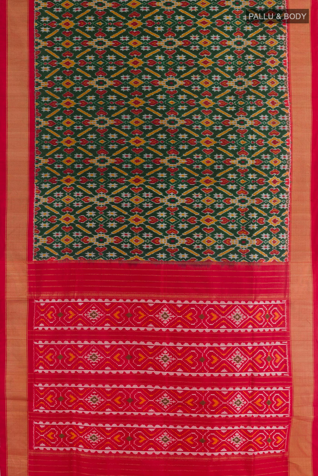 Flat view of Green Pochampally Silk Saree with Pure Ikat on the body and Zari Border. 