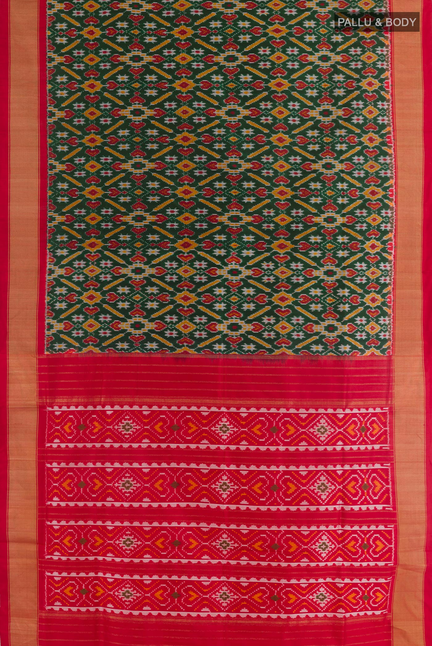 Flat view of Green Pochampally Silk Saree with Pure Ikat on the body and Zari Border. 