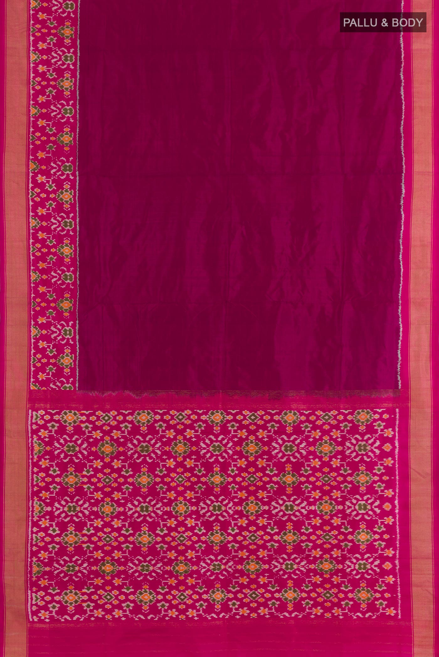 Flat view of Purple Pochampally Silk Saree with Plain Body and Zari Border. 