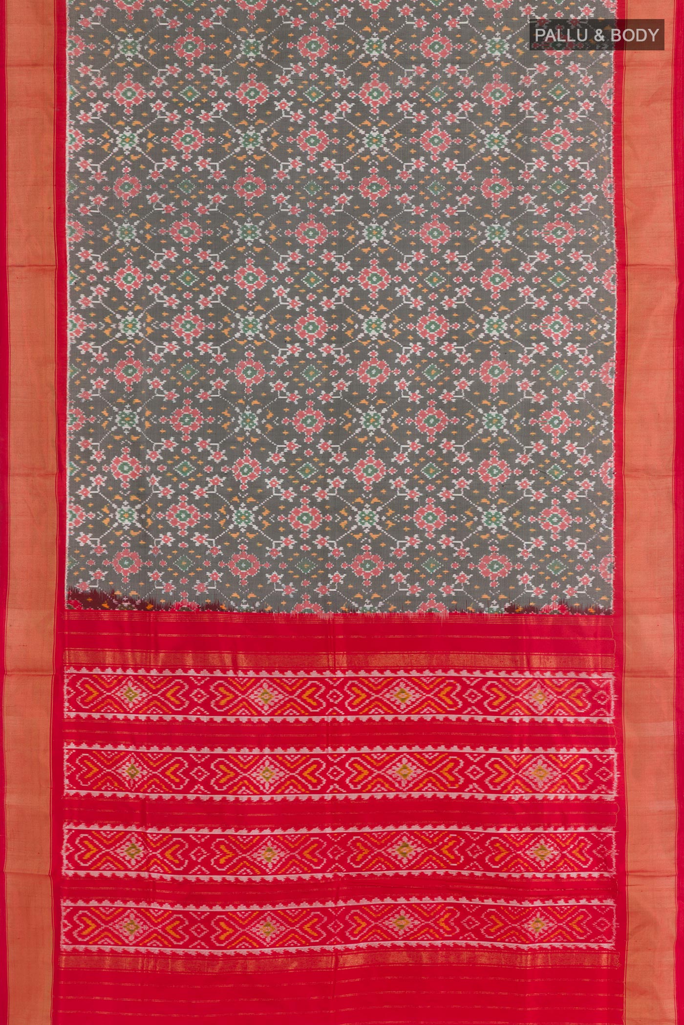 Flat view of Black Rajkot Patola Silk Saree with Pure Ikat on the body and Zari Border. 