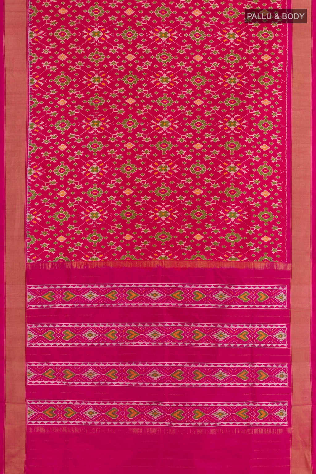 Flat view of Pink Pochampally Silk Saree with Ikat design on the body and Zari Border. 