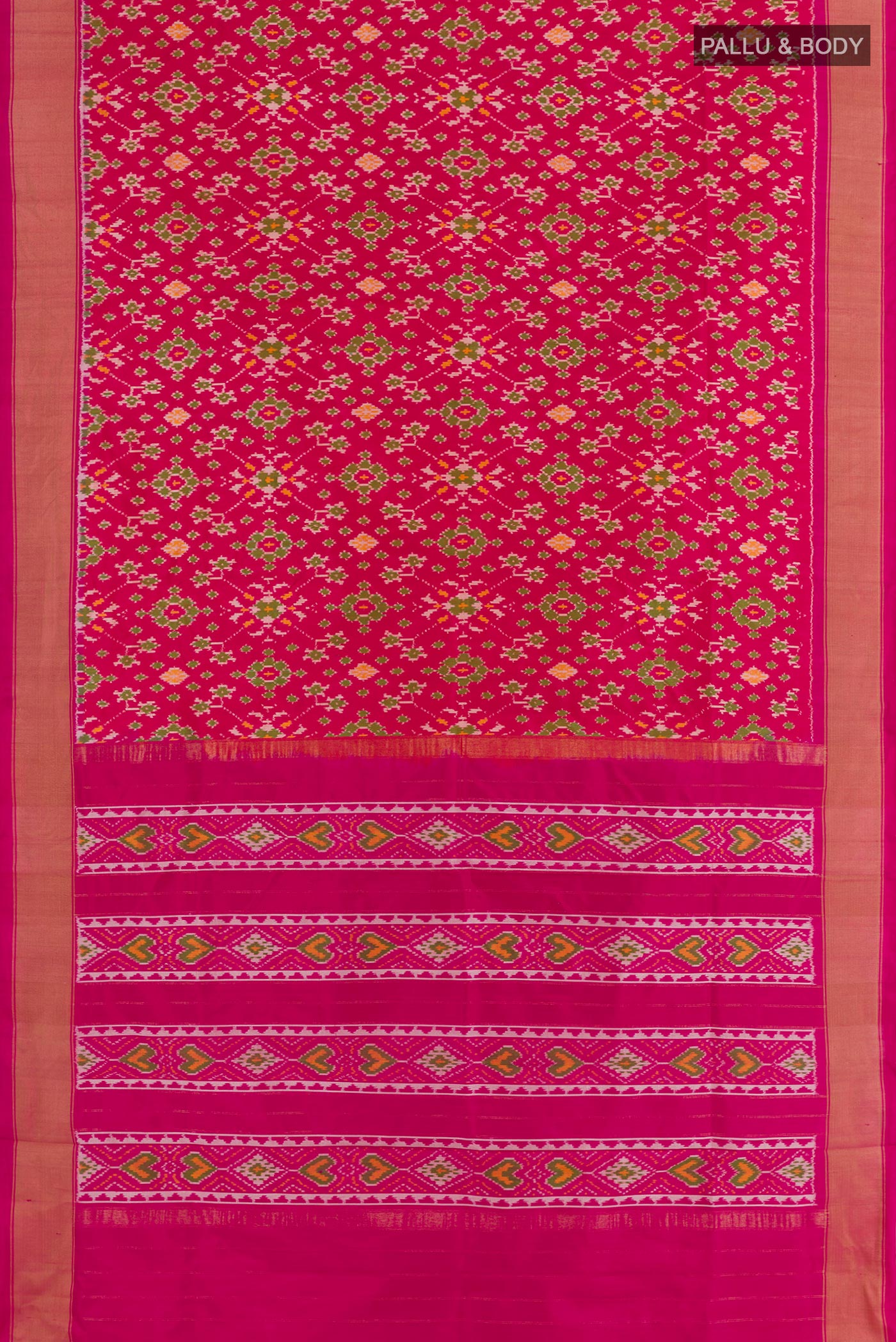Flat view of Pink Pochampally Silk Saree with Ikat design on the body and Zari Border. 
