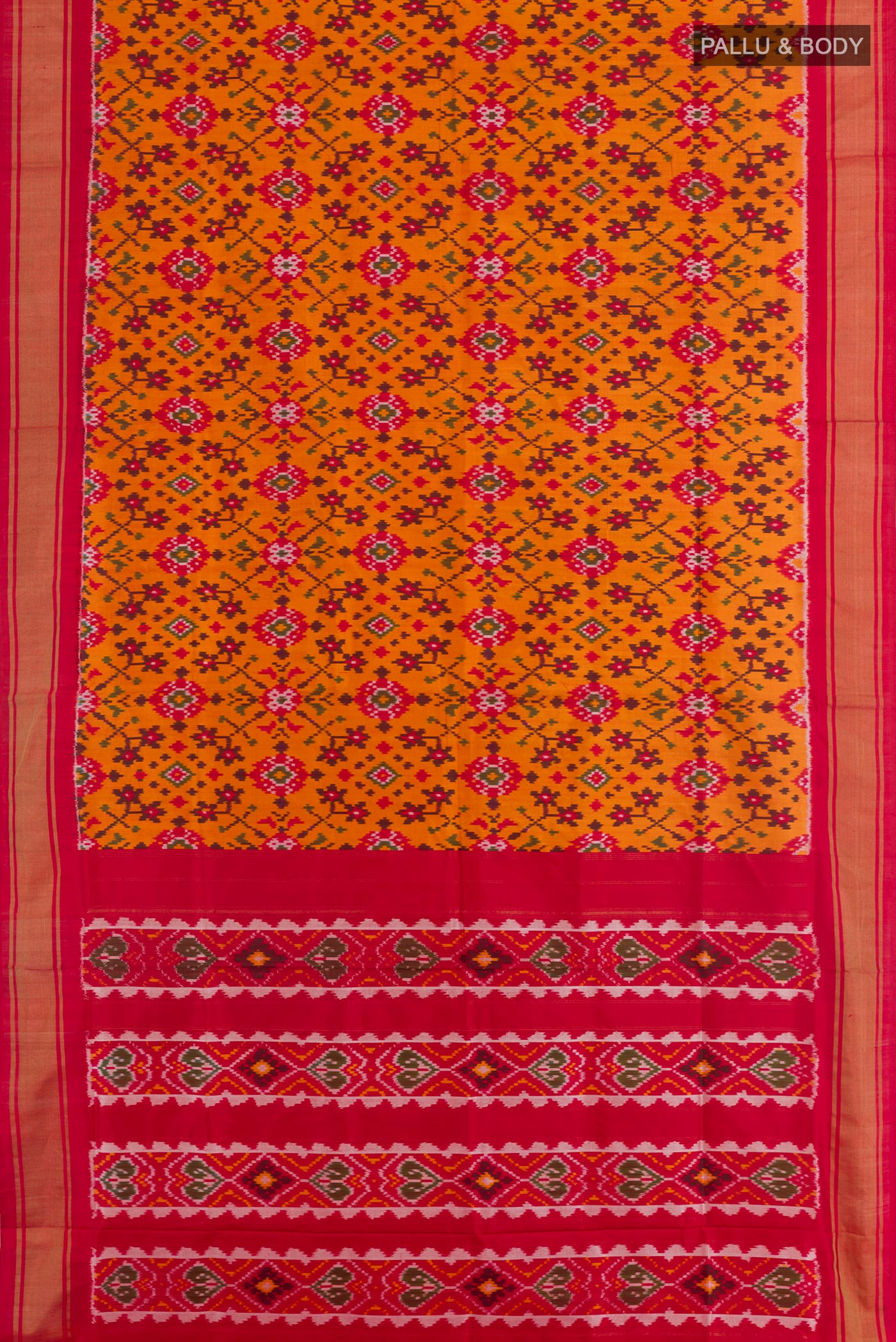 Flat view of Mustard Pochampally Silk Saree with Ikat design on the body and Zari Border. 
