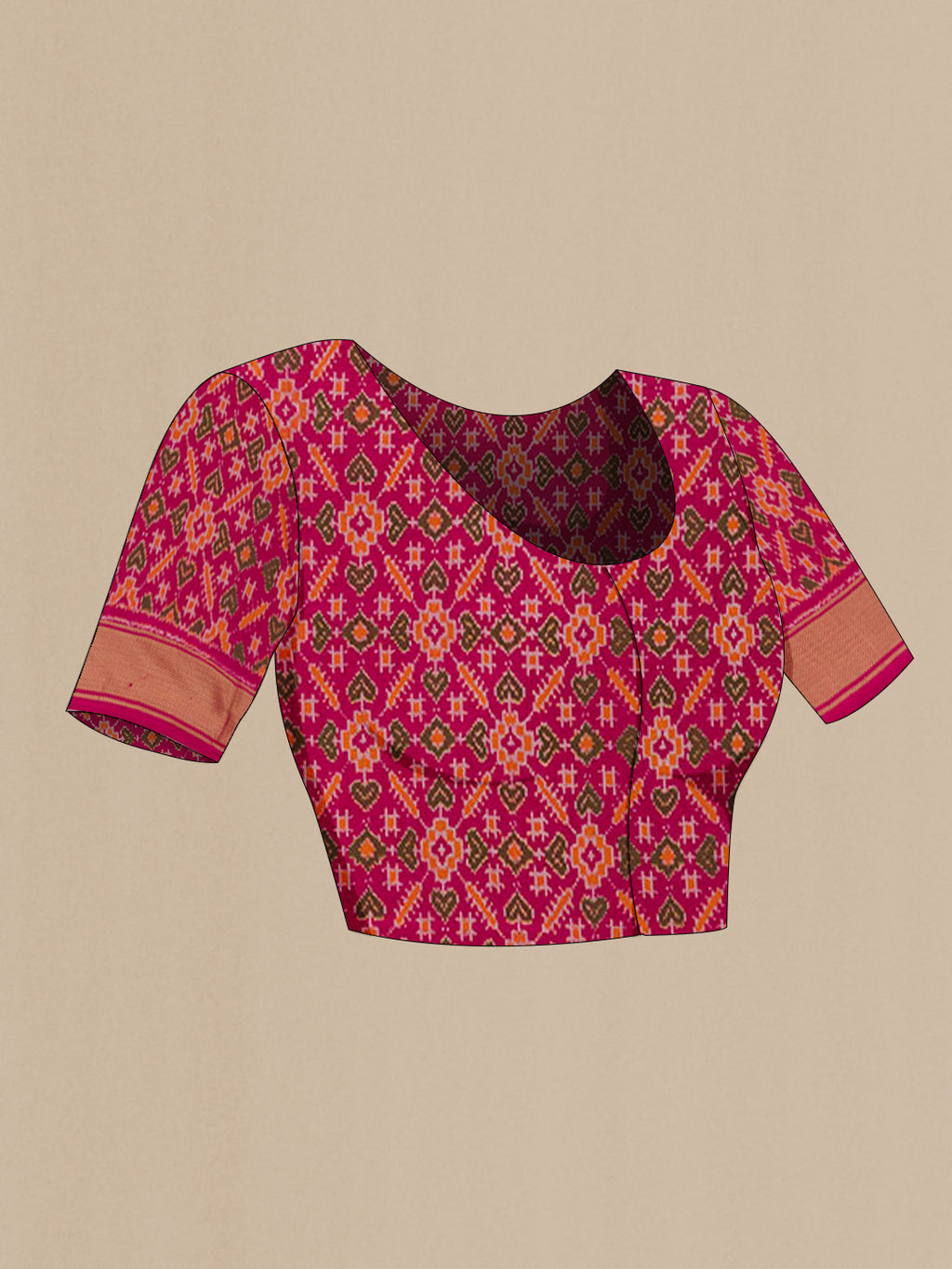Close up image of the blouse of Green Pochampally Silk Saree with Pure Ikat on the body and Zari Border. 