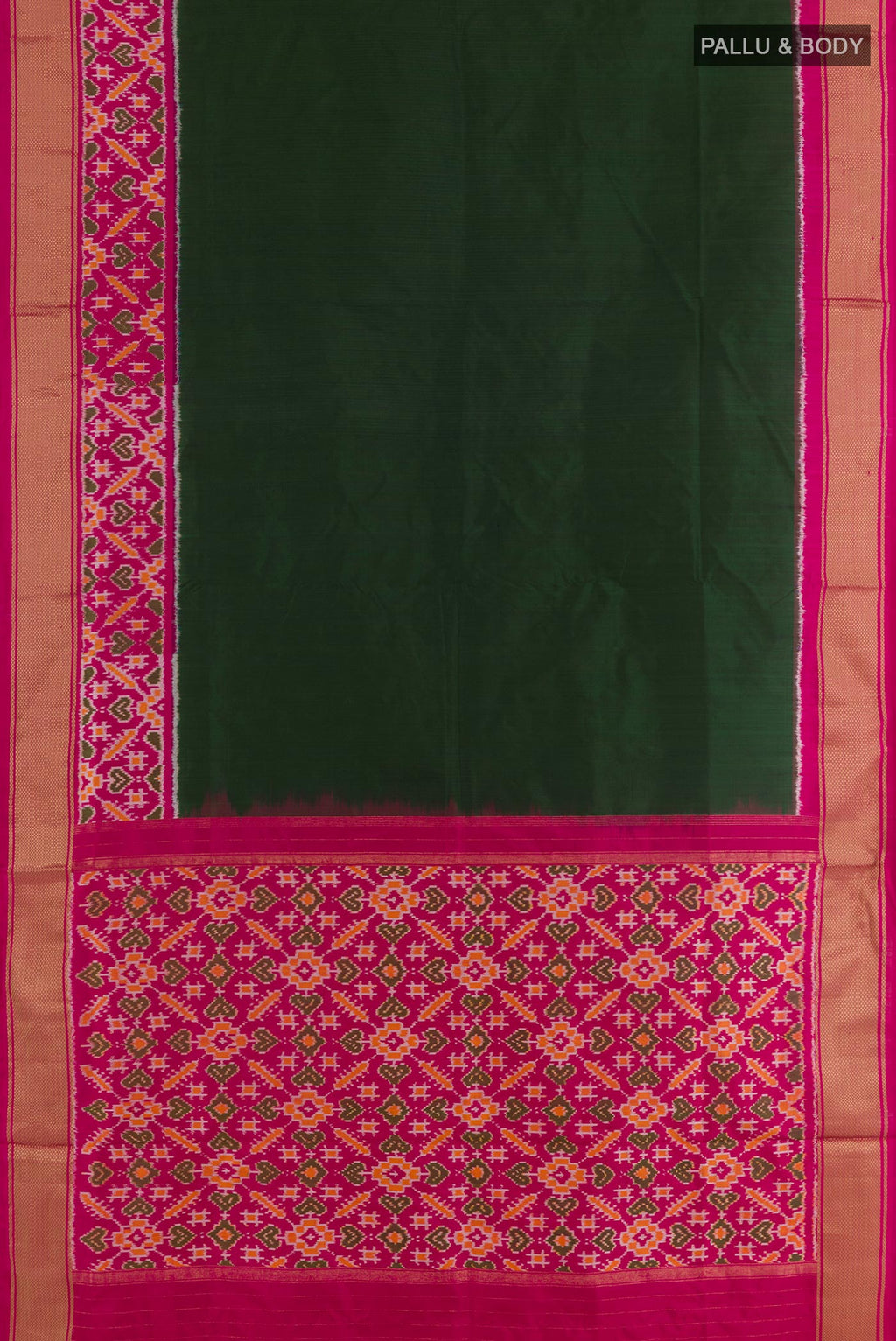 Flat view of Green Pochampally Silk Saree with Pure Ikat on the body and Zari Border. 