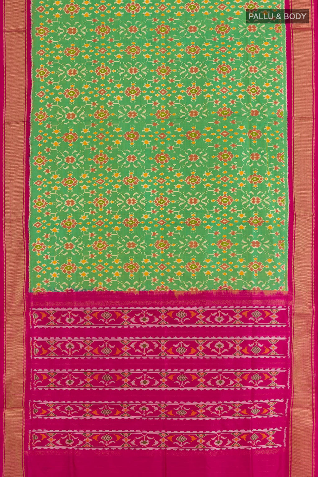 Flat view of Green Pochampally Silk Saree with Ikat design on the body and Zari Border. 