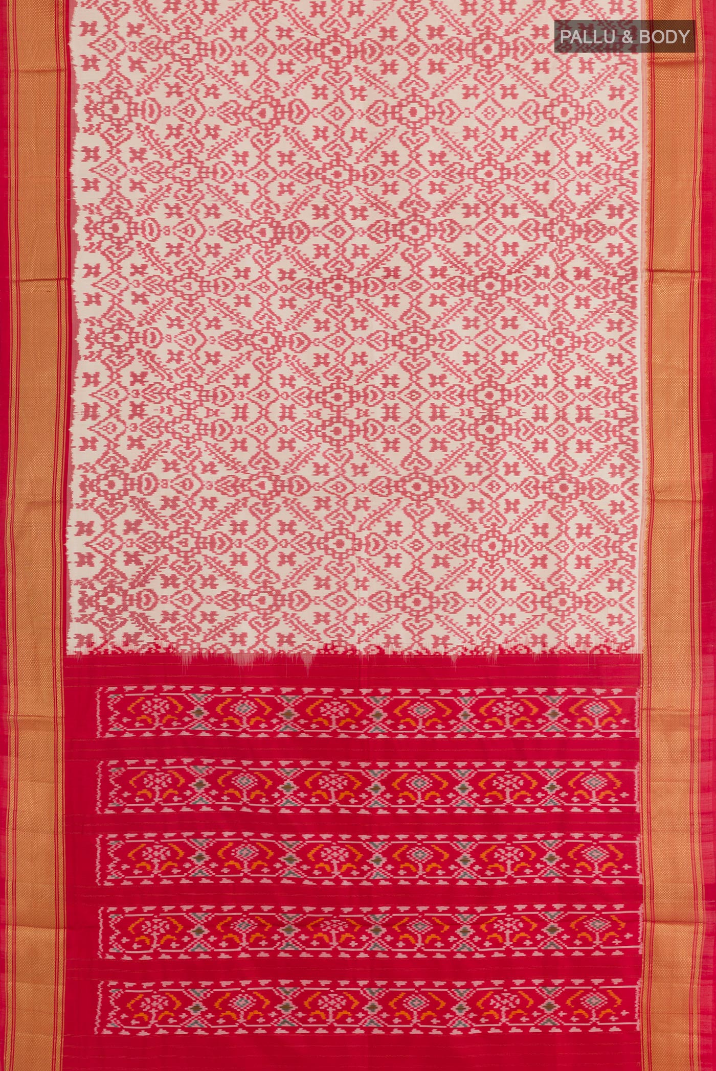 Flat view of Off White Pochampally Silk Saree with Pure Ikat on the body and Zari Border. 