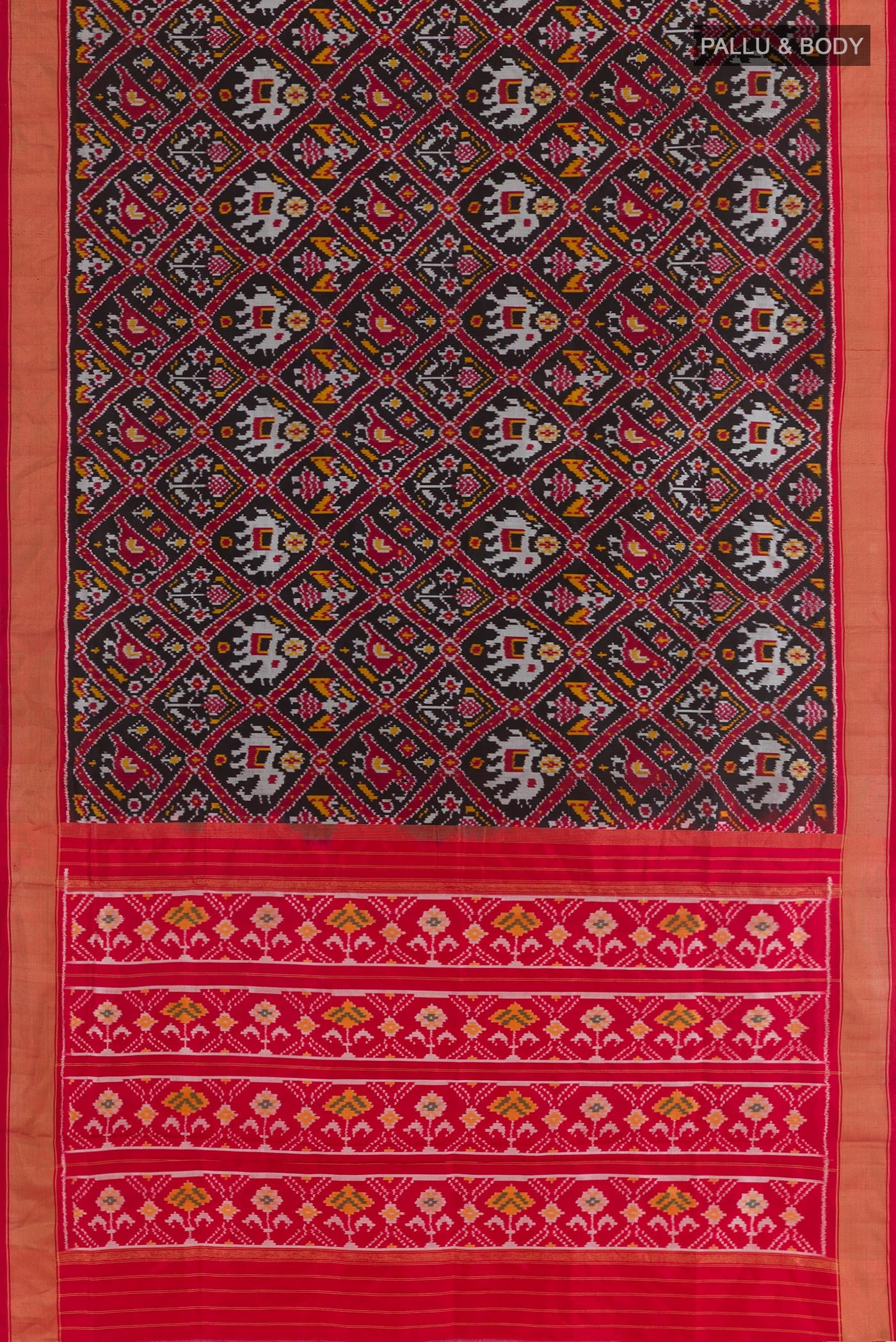 Flat view of Black Pochampally Silk Saree with Pure Ikat on the body and Zari Border. 