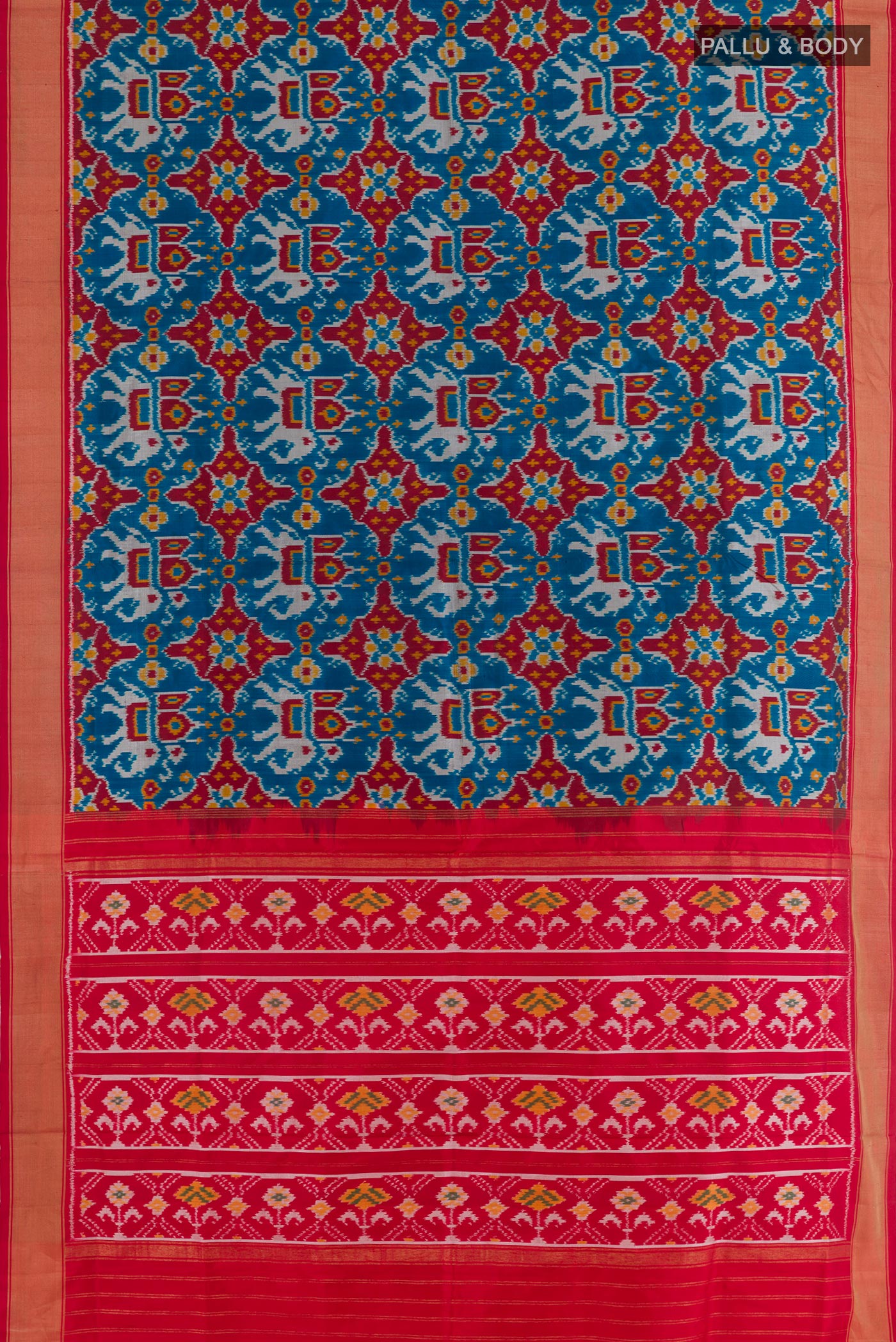 Flat view of Blue Pochampally Silk Saree with Pure Ikat on the body and Zari Border. 