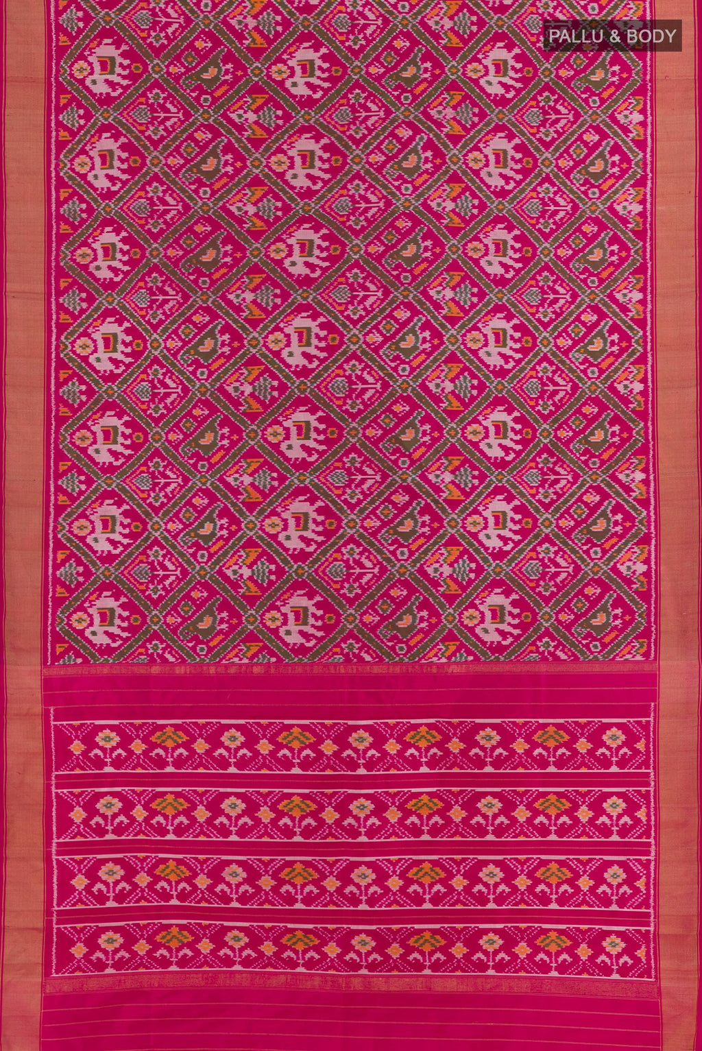Flat view of Pink Pochampally Silk Saree with Ikat design on the body and Zari Border. 