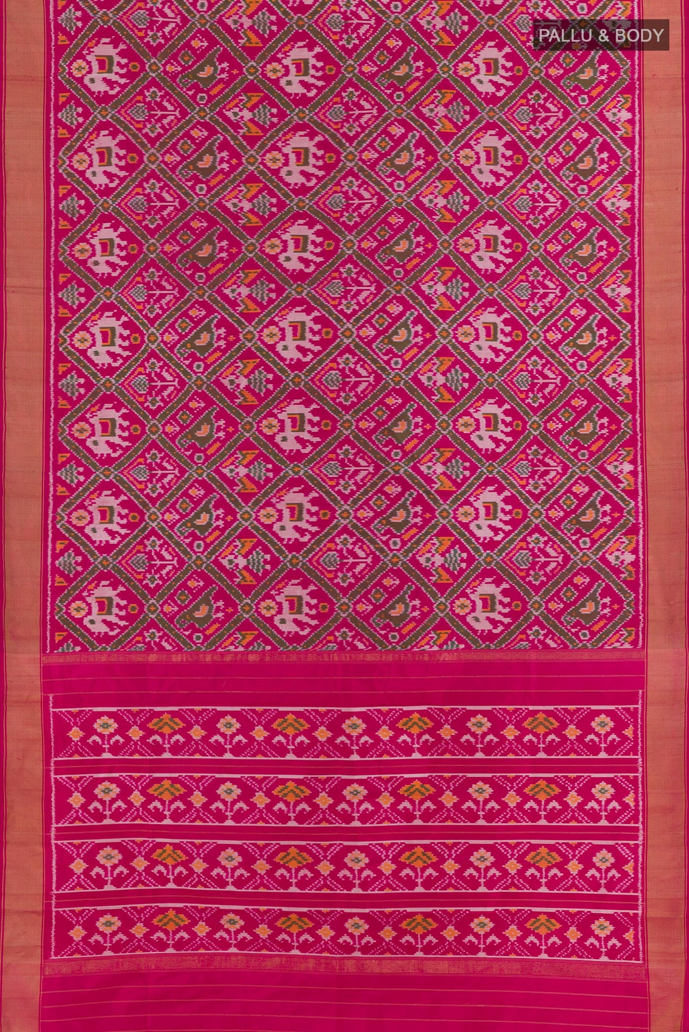 Flat view of Pink Pochampally Silk Saree with Ikat design on the body and Zari Border. 