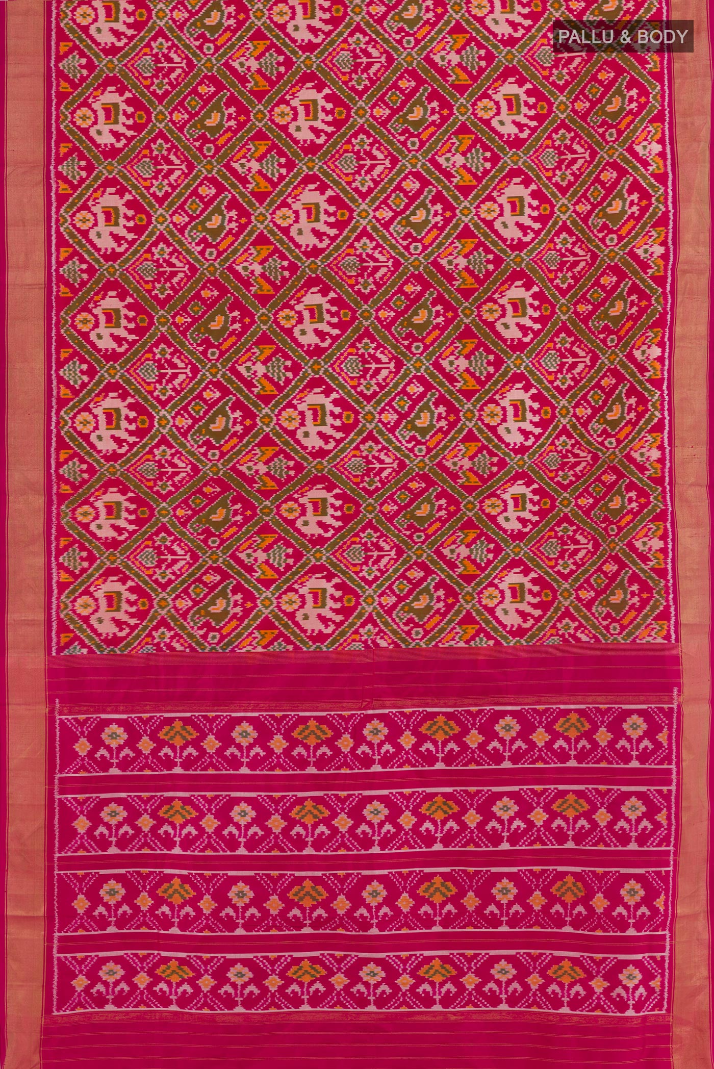 Flat view of Pink Pochampally Silk Saree with Ikat design on the body and Zari Border. 