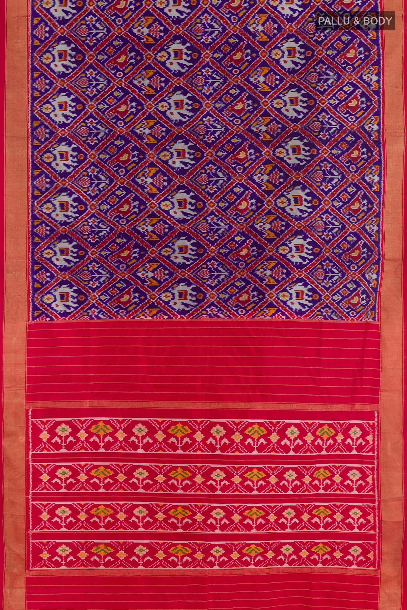 Flat view of Blue Pochampally Silk Saree with Ikat design on the body and Zari Border. 