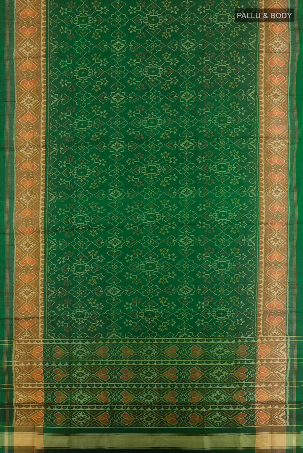 Flat view of Green Rajkot Patola Silk Saree with Ikat design on the body and Zari Border. 