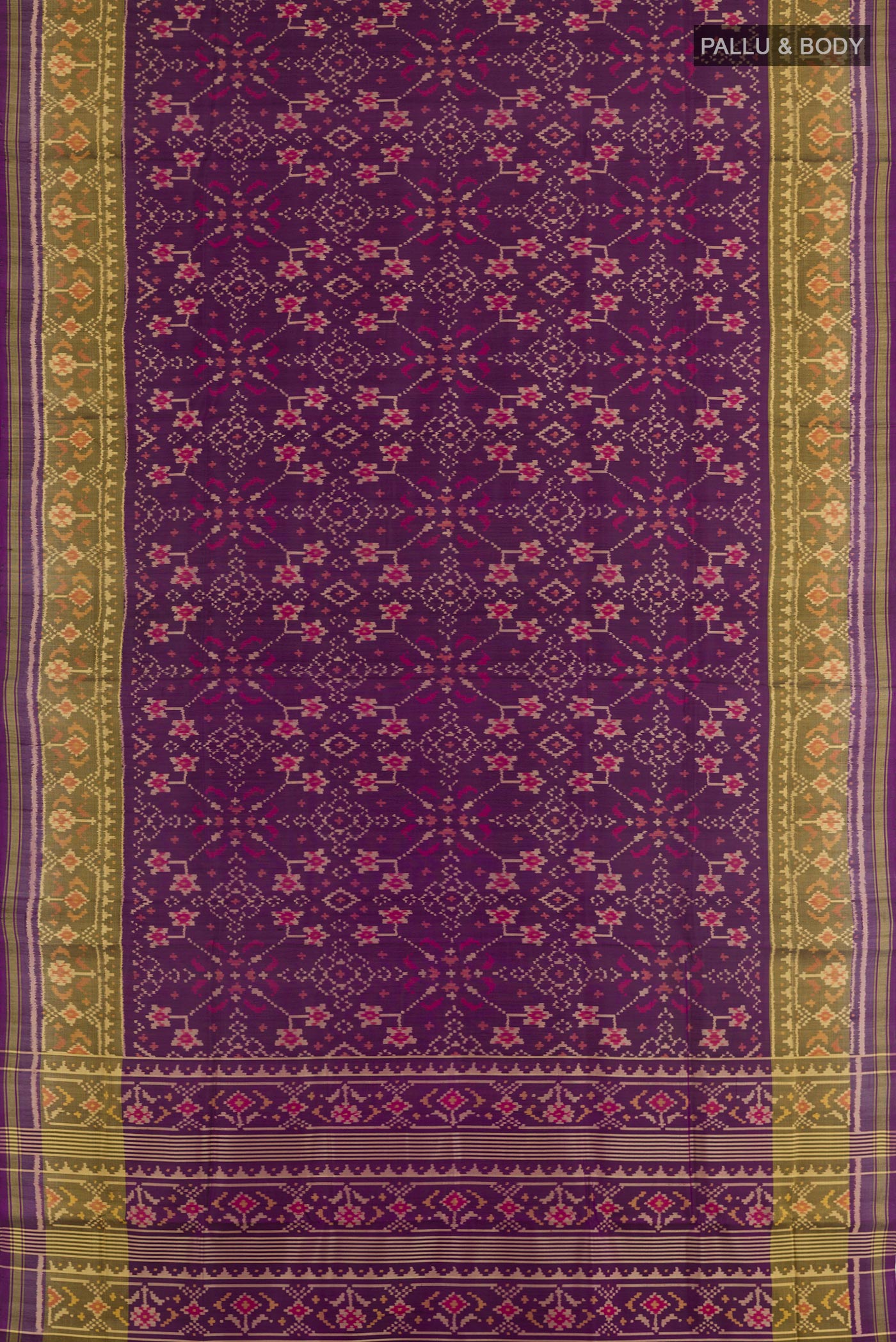 Flat view of Purple Rajkot Patola Silk Saree with Pure Ikat on the body and Zari Border. 