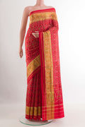 Red Rajkot Patola Silk Saree with Pure Ikat on the body and Zari Border.  displayed on a mannequin