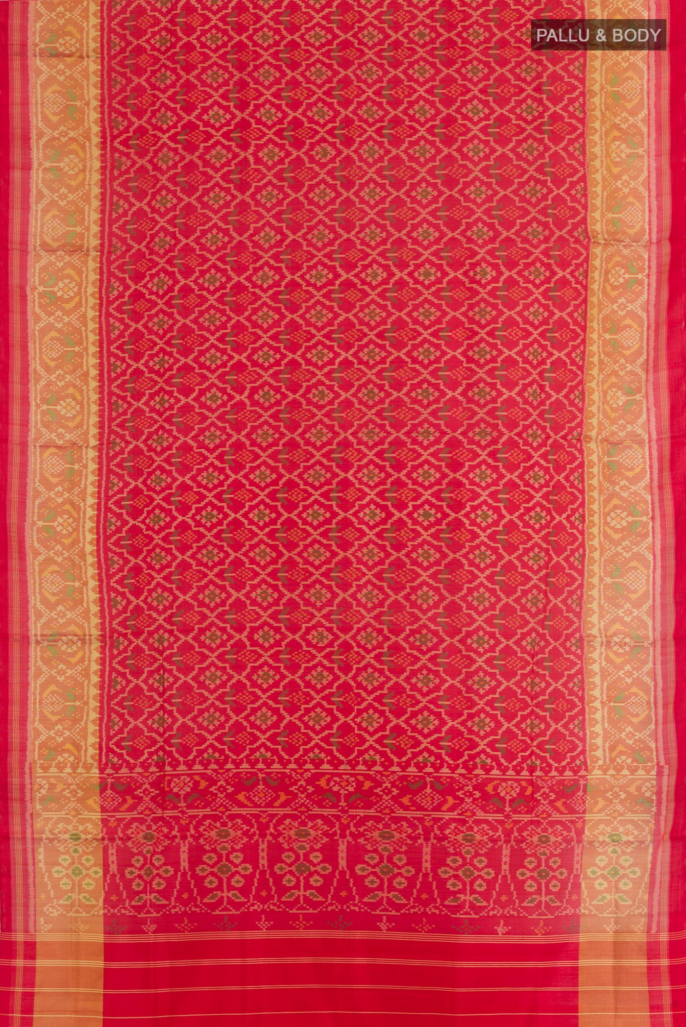 Flat view of Red Rajkot Patola Silk Saree with Pure Ikat on the body and Zari Border. 