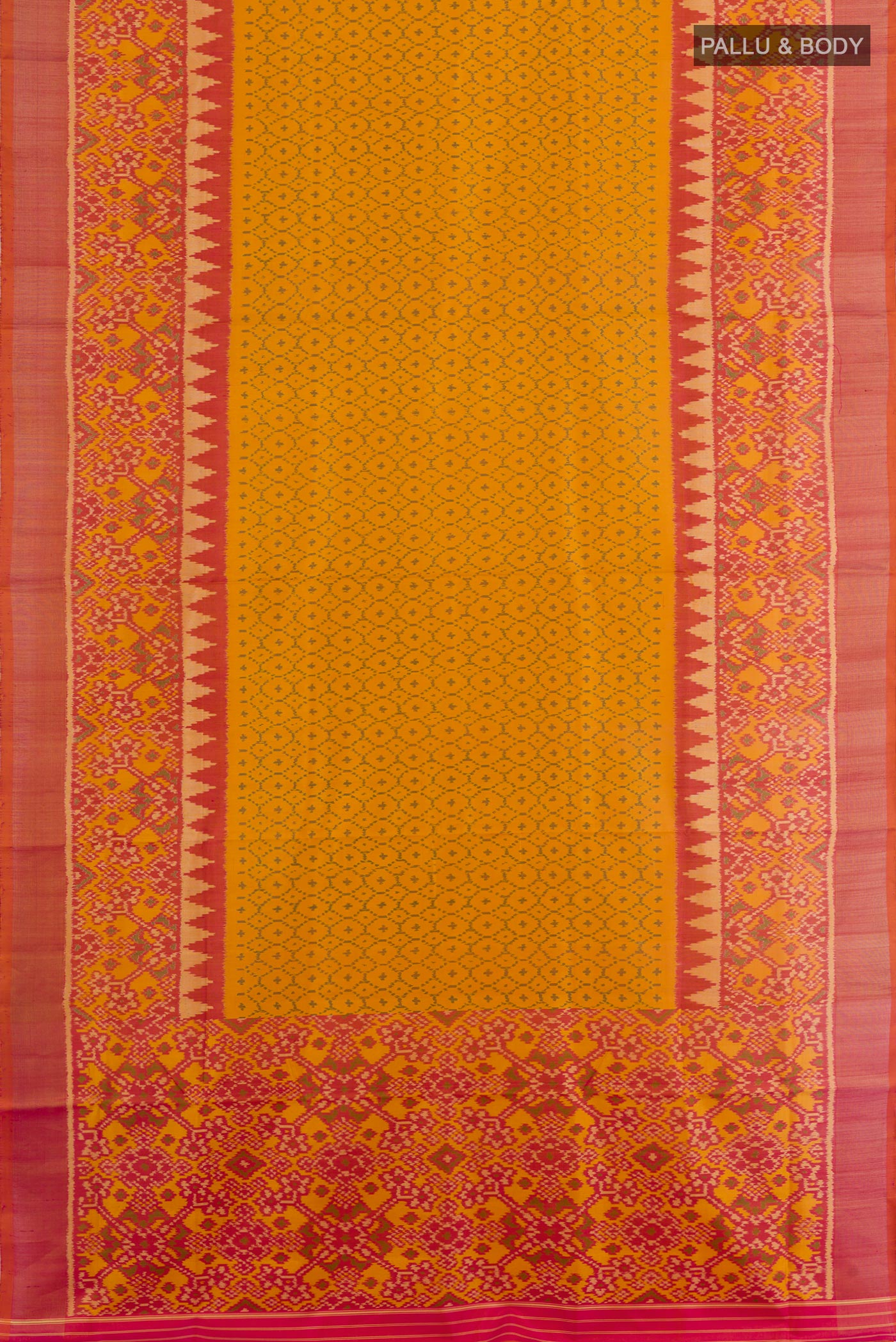 Flat view of Yellow Rajkot Patola Silk Saree with Pure Ikat on the body and Zari Border. 
