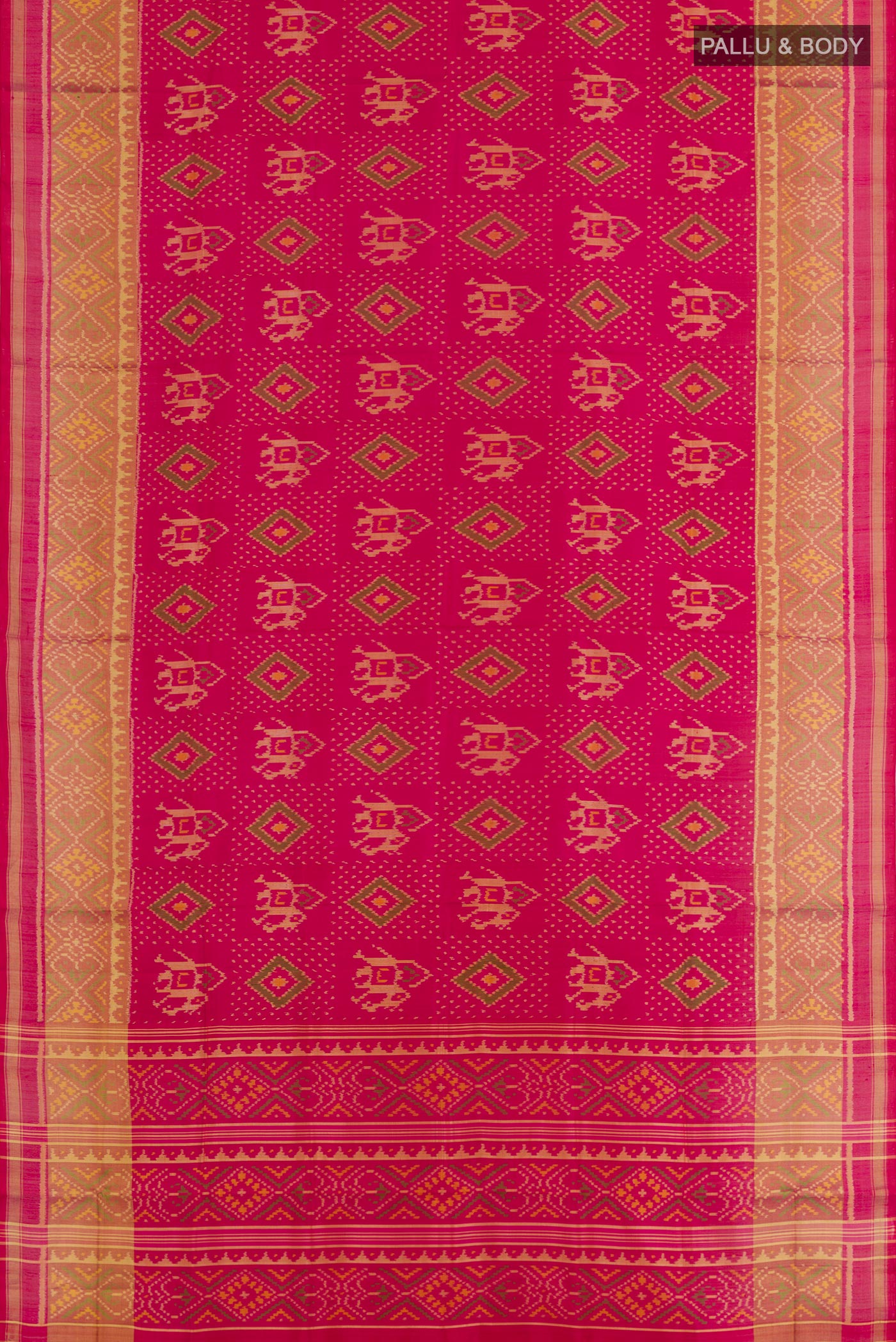 Flat view of Pink Rajkot Patola Silk Saree with Pure Ikat on the body and Zari Border. 