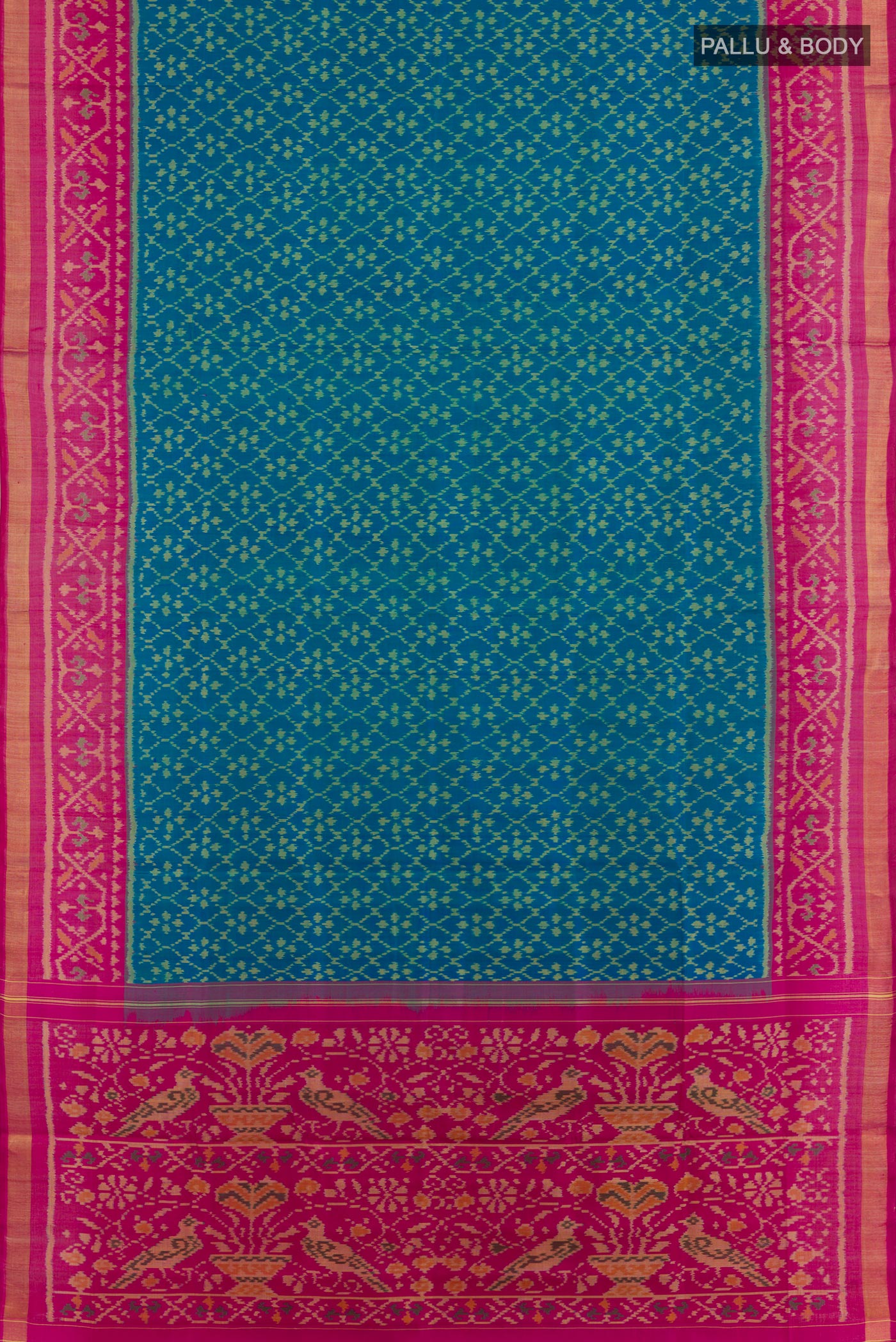 Flat view of Blue Rajkot Patola Silk Saree with Ikat design on the body and Zari Border. 