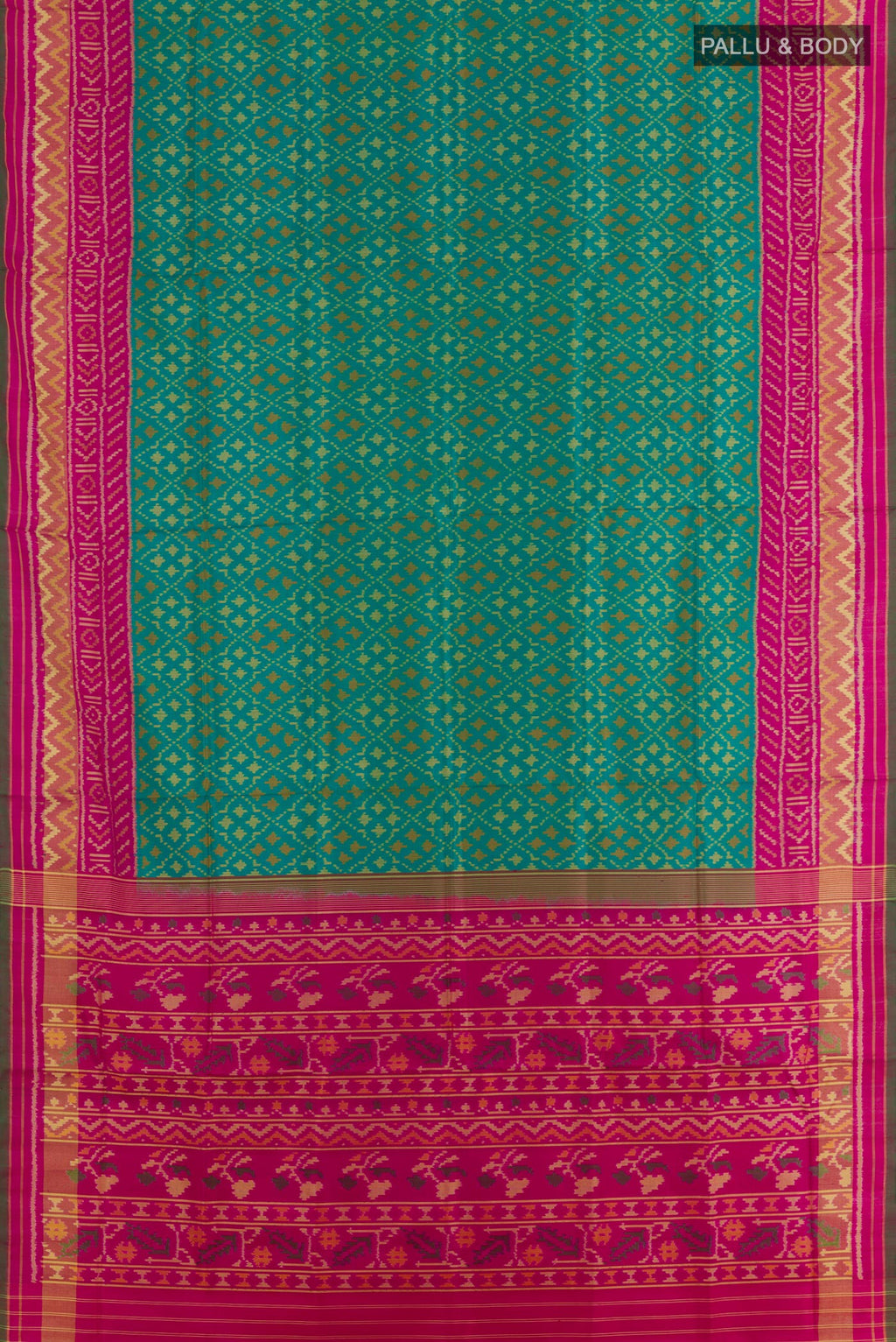 Flat view of Blue Rajkot Patola Silk Saree with Pure Ikat on the body and Zari Border. 