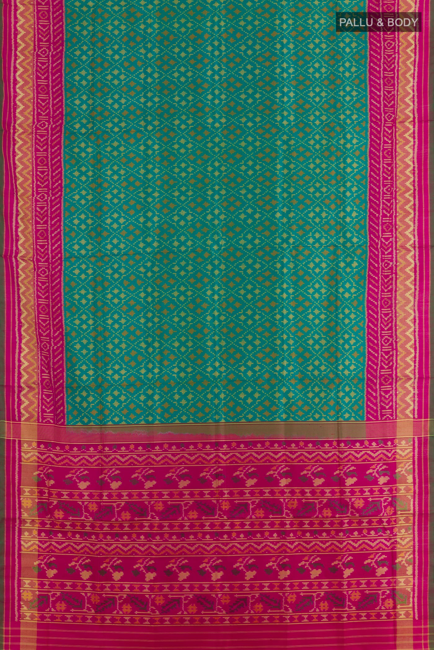 Flat view of Blue Rajkot Patola Silk Saree with Pure Ikat on the body and Zari Border. 