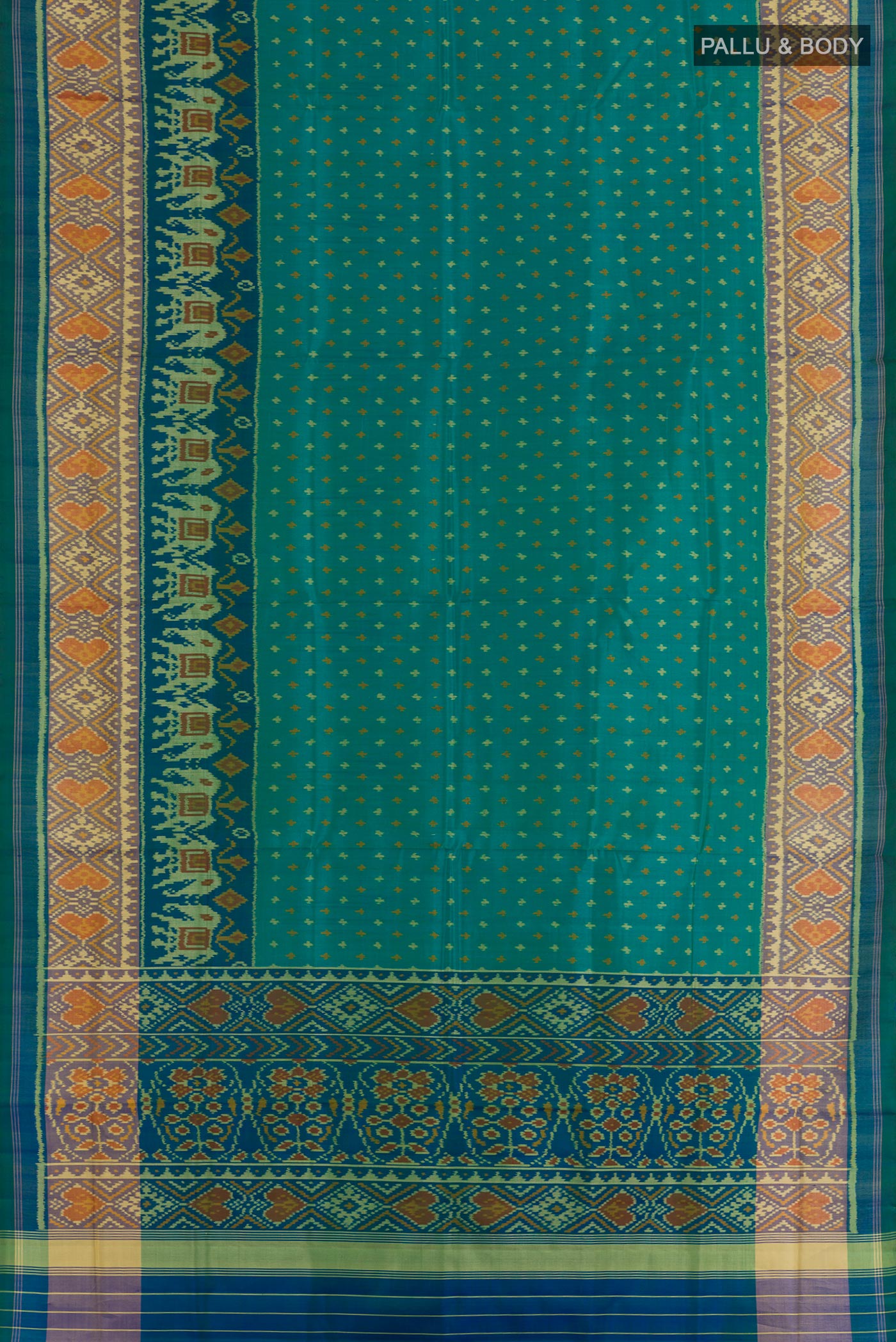 Flat view of Peacock Blue Rajkot Patola Silk Saree with Pure Ikat on the body and Zari Border. 