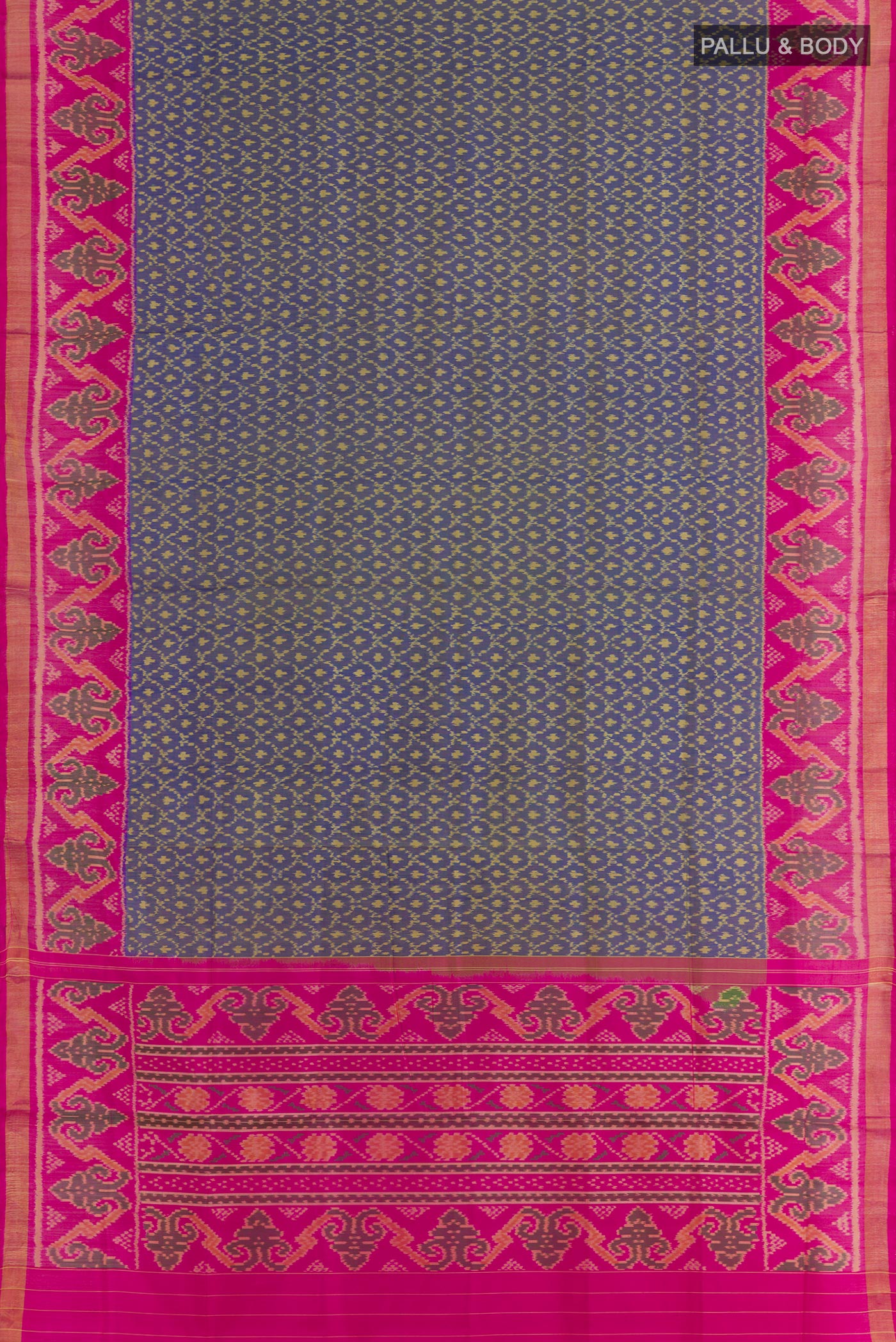 Flat view of Blue Rajkot Patola Silk Saree with Pure Ikat on the body and Zari Border. 