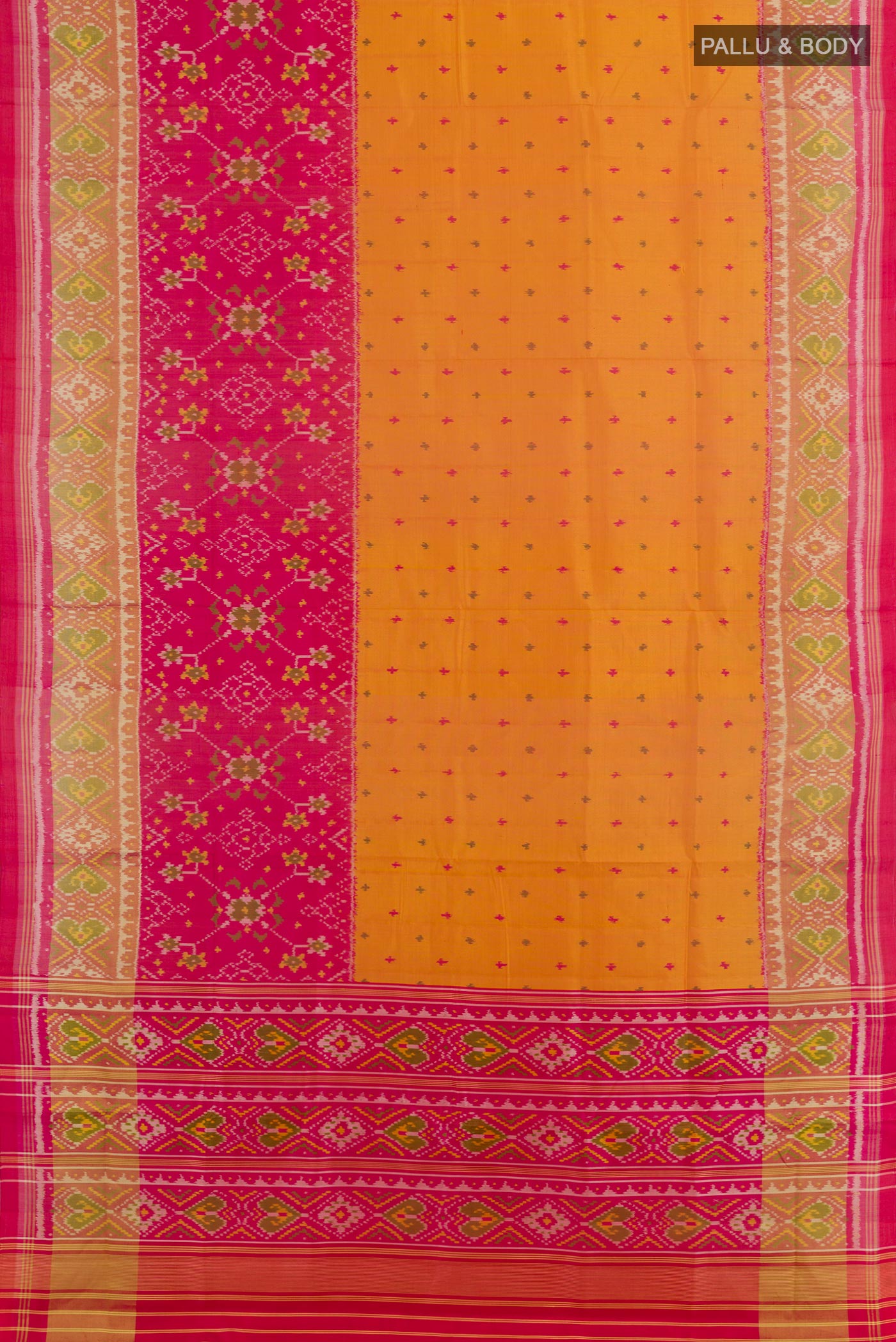 Flat view of Yellow Rajkot Patola Silk Saree with Ikat design on the body and Zari Border. 